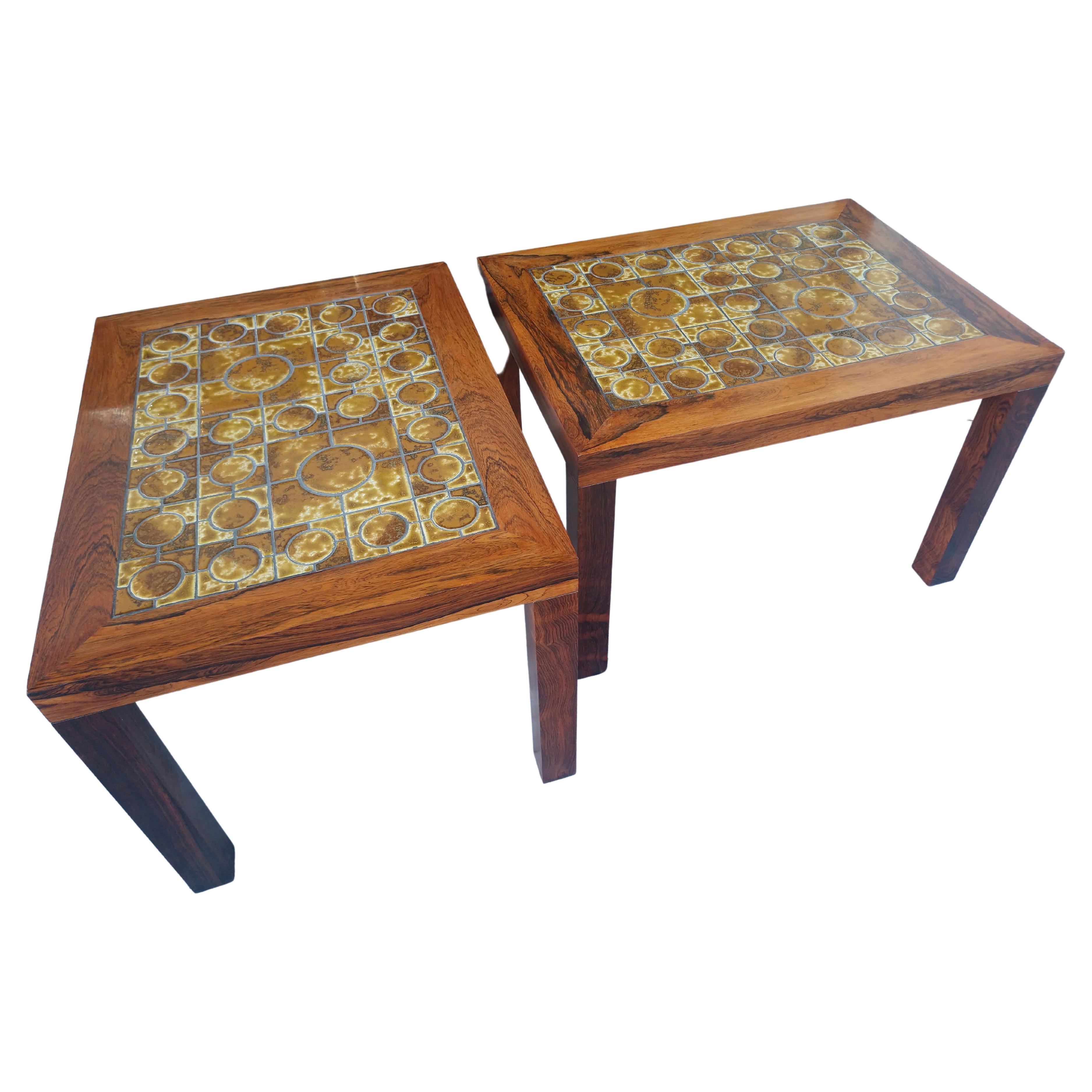 Pair of Mid Century Danish Modern Rosewood End Tables with Inset Ceramic Tile