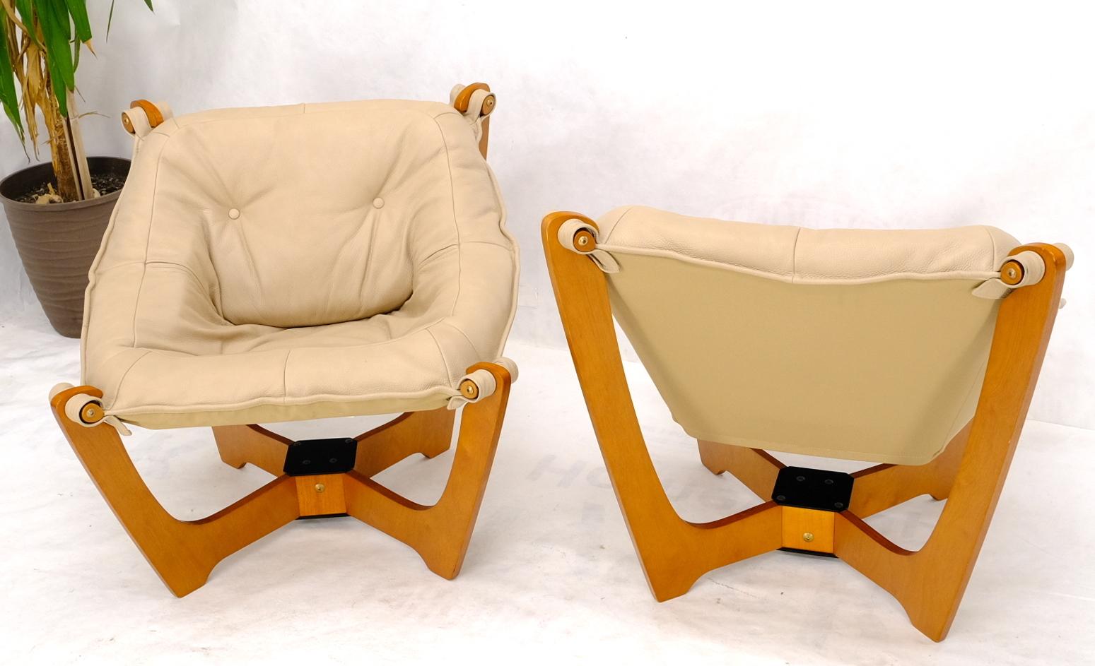 Pair of Mid Century Danish Modern Teak Frames Leather Sling Seat Lounge Chairs For Sale 1