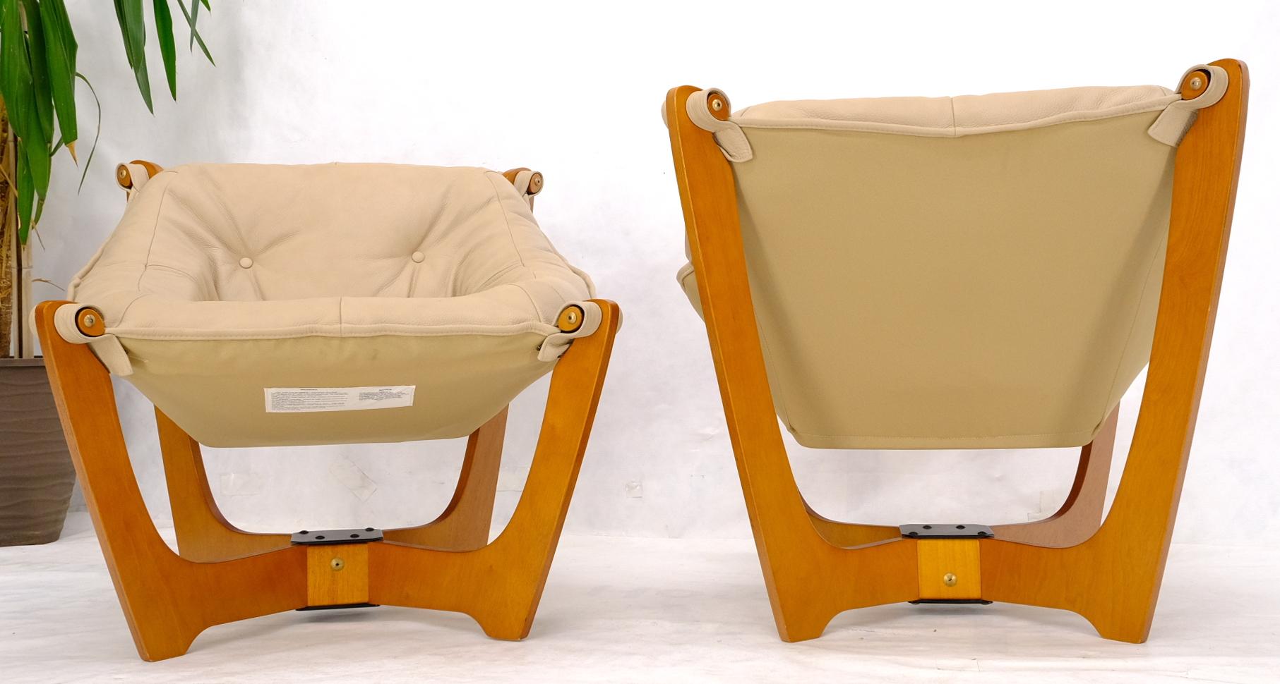 Pair of Mid Century Danish Modern Teak Frames Leather Sling Seat Lounge Chairs For Sale 3