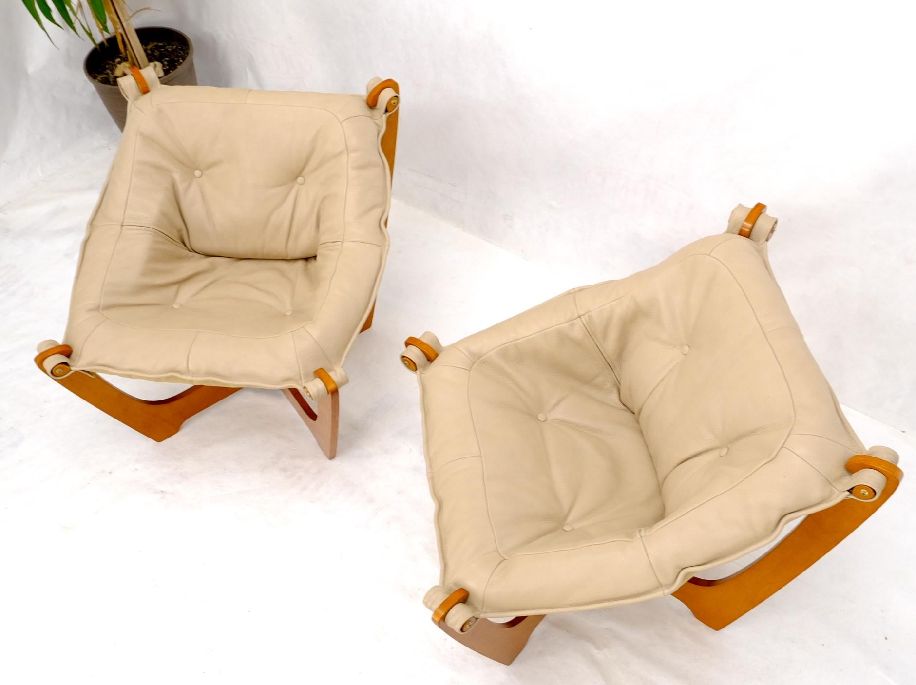 Mid-Century Modern Pair of Mid Century Danish Modern Teak Frames Leather Sling Seat Lounge Chairs For Sale