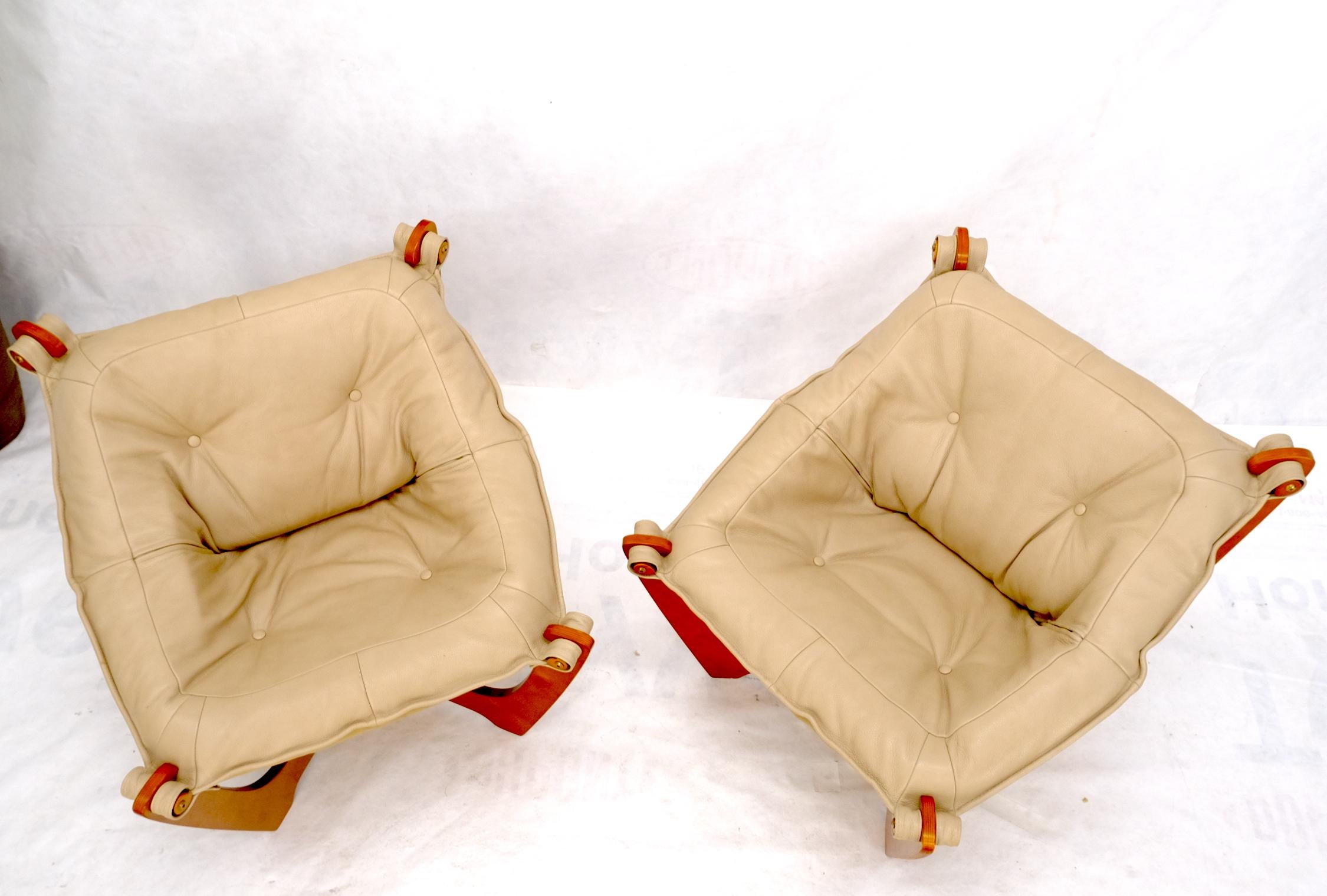 Molded Pair of Mid Century Danish Modern Teak Frames Leather Sling Seat Lounge Chairs For Sale