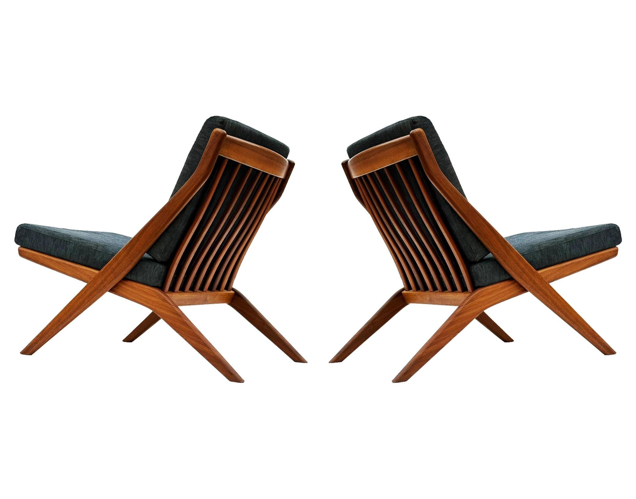 Pair of Mid Century Danish Modern Teak Scissor Lounge Chairs by Folke Ohlsson For Sale 3
