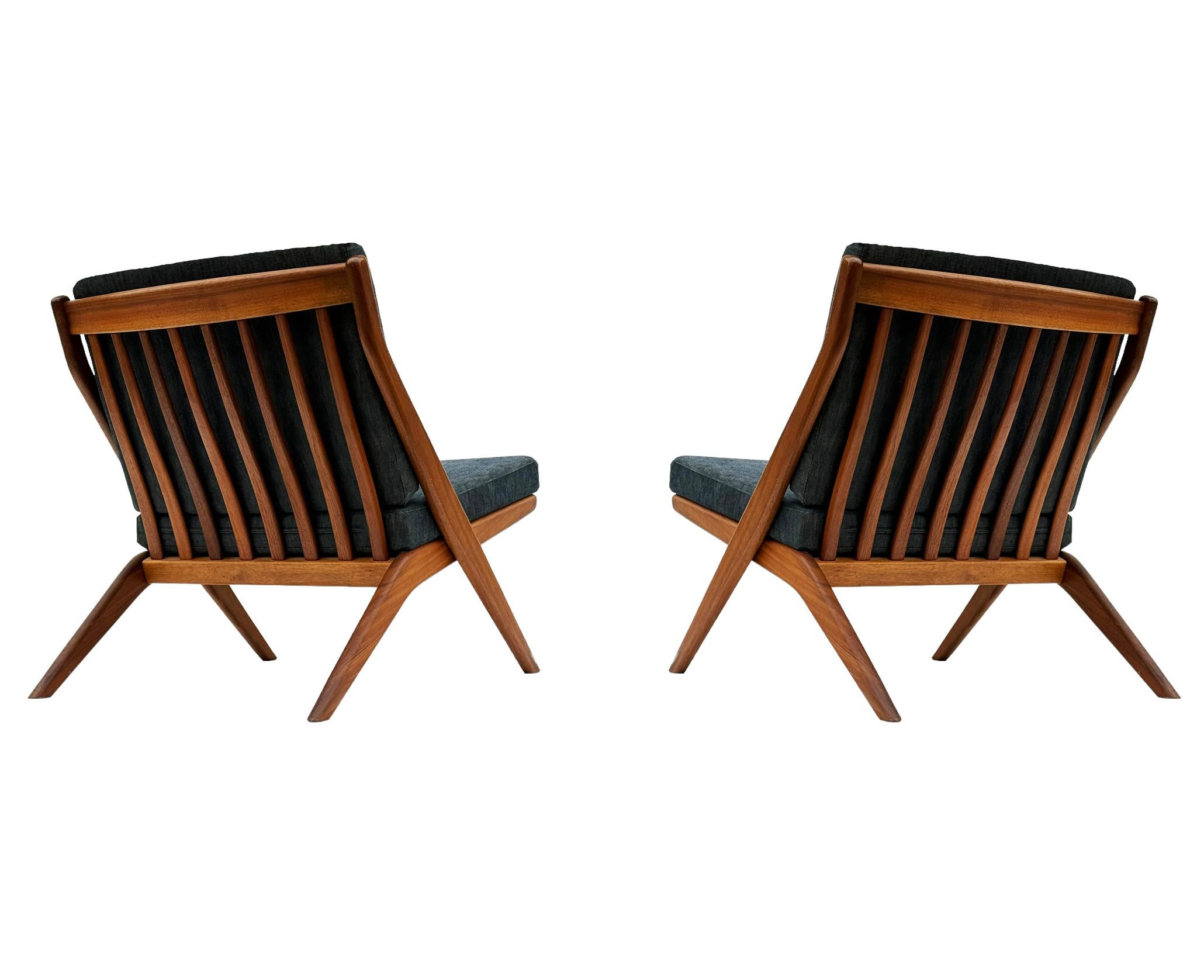 Swedish Pair of Mid Century Danish Modern Teak Scissor Lounge Chairs by Folke Ohlsson For Sale