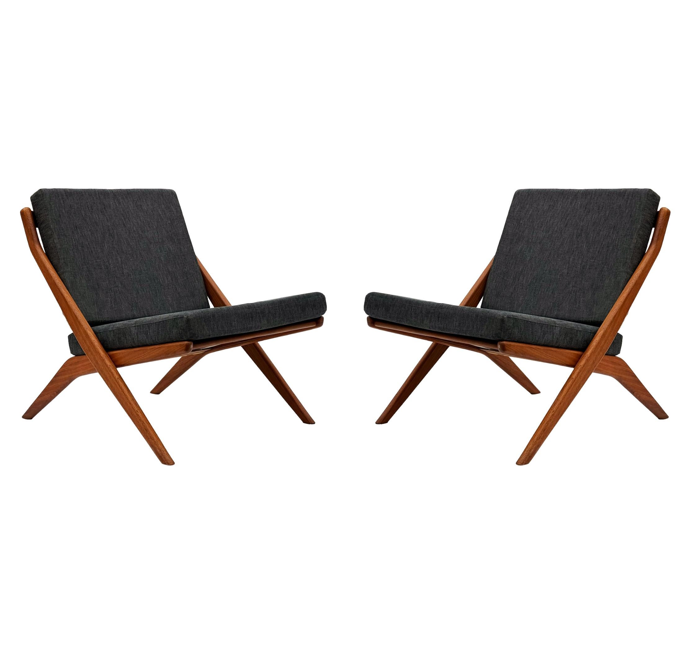 Fabric Pair of Mid Century Danish Modern Teak Scissor Lounge Chairs by Folke Ohlsson For Sale