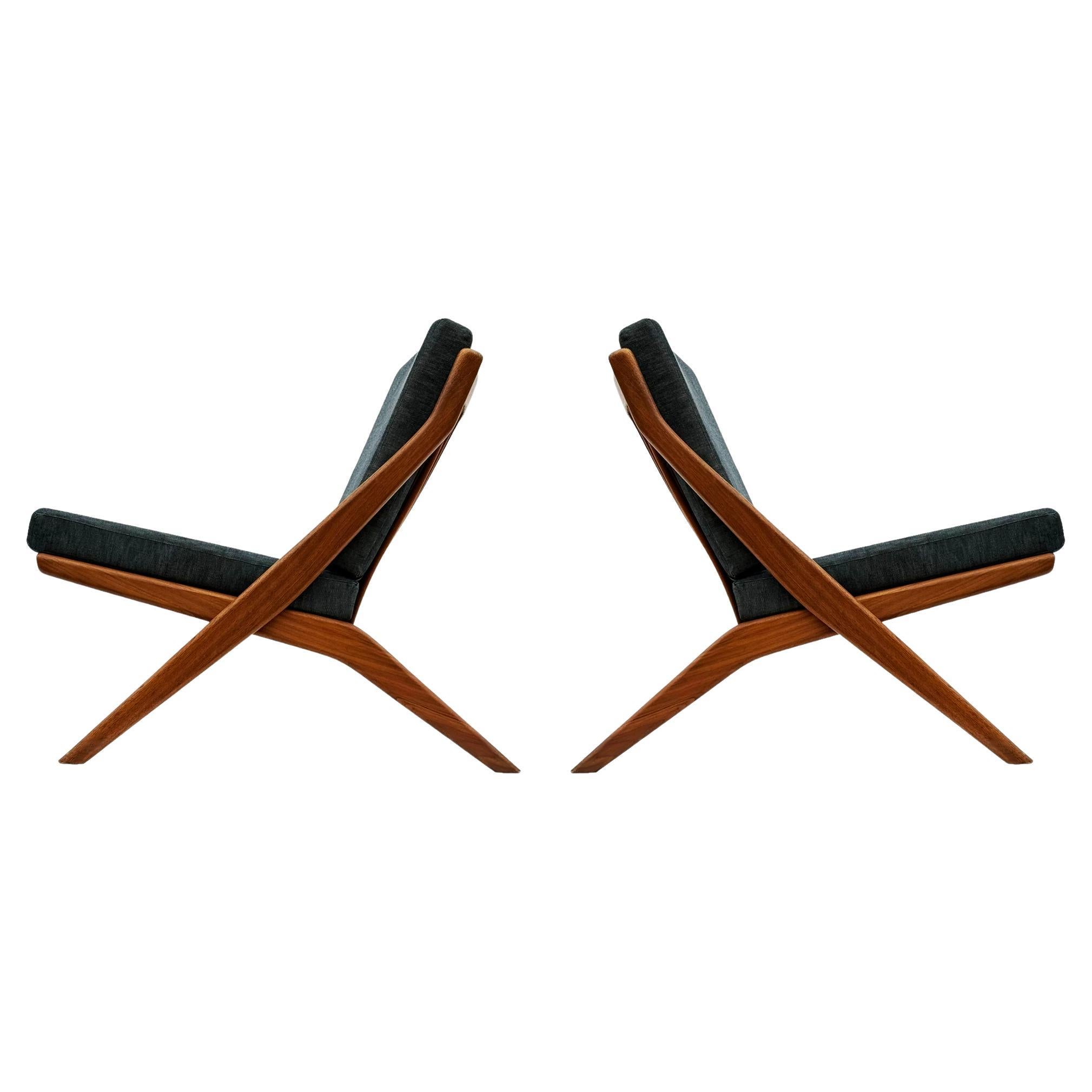 Pair of Mid Century Danish Modern Teak Scissor Lounge Chairs by Folke Ohlsson For Sale