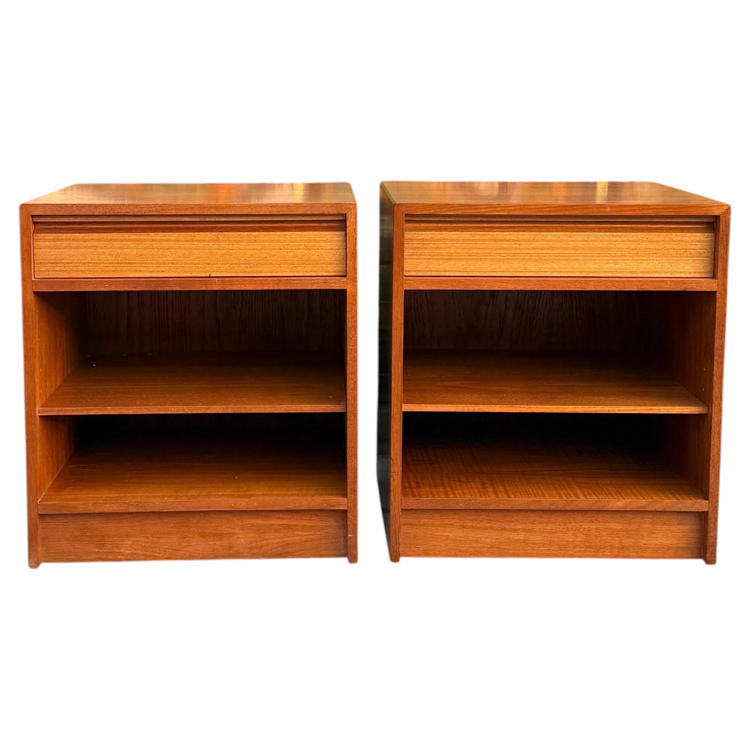 Pair of Mid century Danish modern teak single drawer nightstands with shelf