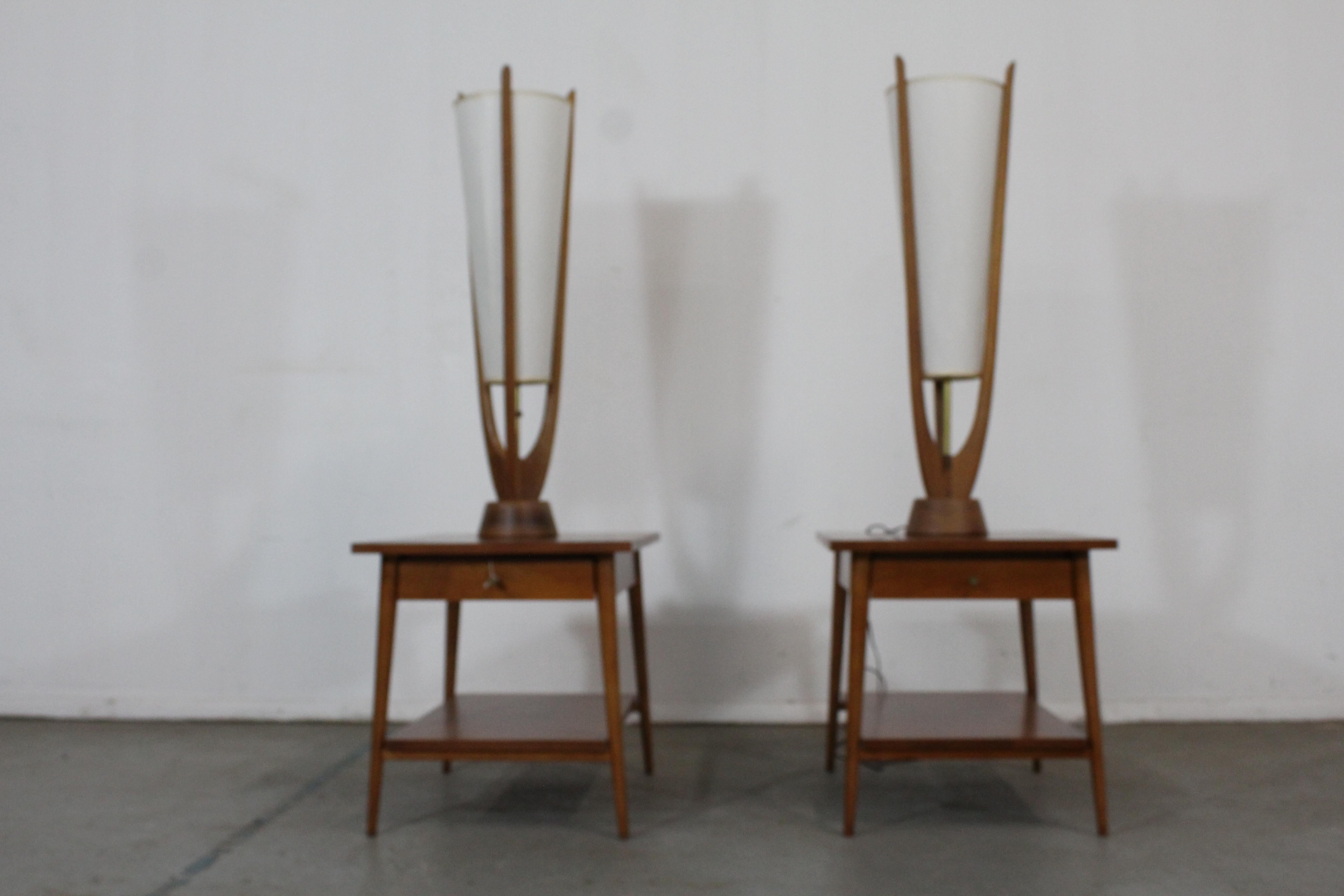 Pair of mid-century Danish modern tornado funnel table lamps

Offered is a pair of mid-century Danish modern tornado funnel table lamps. This pair of vintage lamps are made of Walnut and are in good condition (have been tested, lighting works, minor