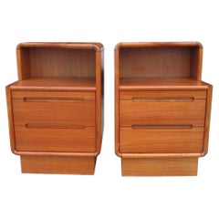 Pair of Mid Century Danish teak 2 drawer nightstands with top curved shelf