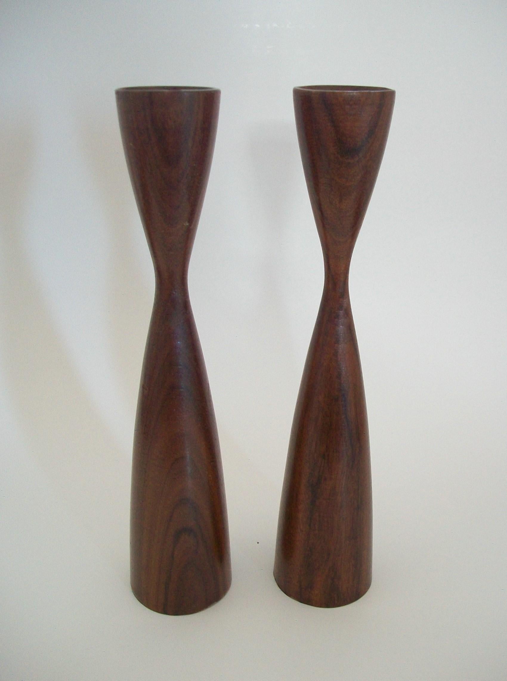 Hand-Crafted Pair of Midcentury Danish Teak Candlesticks, Signed, Denmark, circa 1960s For Sale