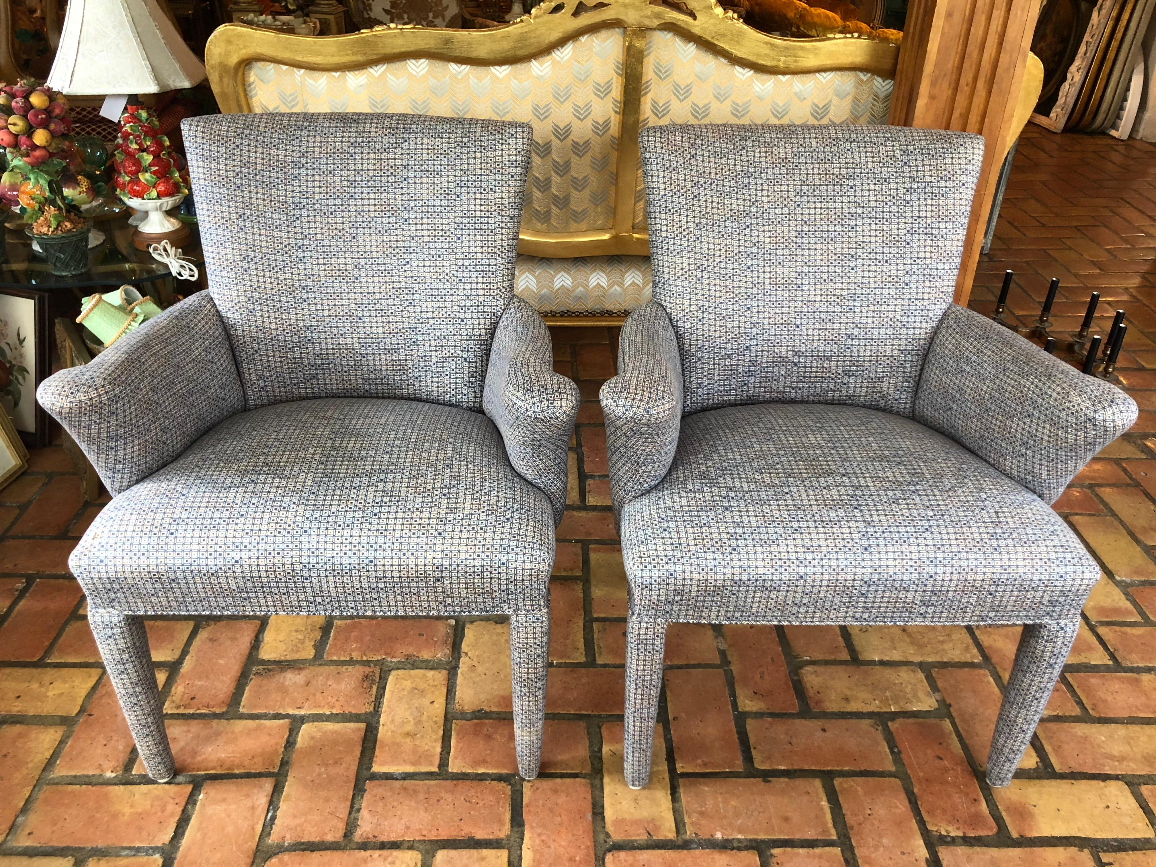 Pair of Mid-Century Danish upholstered chairs. Soft and comfortable for any room. Fun atomic fabric with grey blue tones. Fabric is in excellent condiion . No fading or sunwear. Lead image is deceiving due to shadows. See all photos. These are also