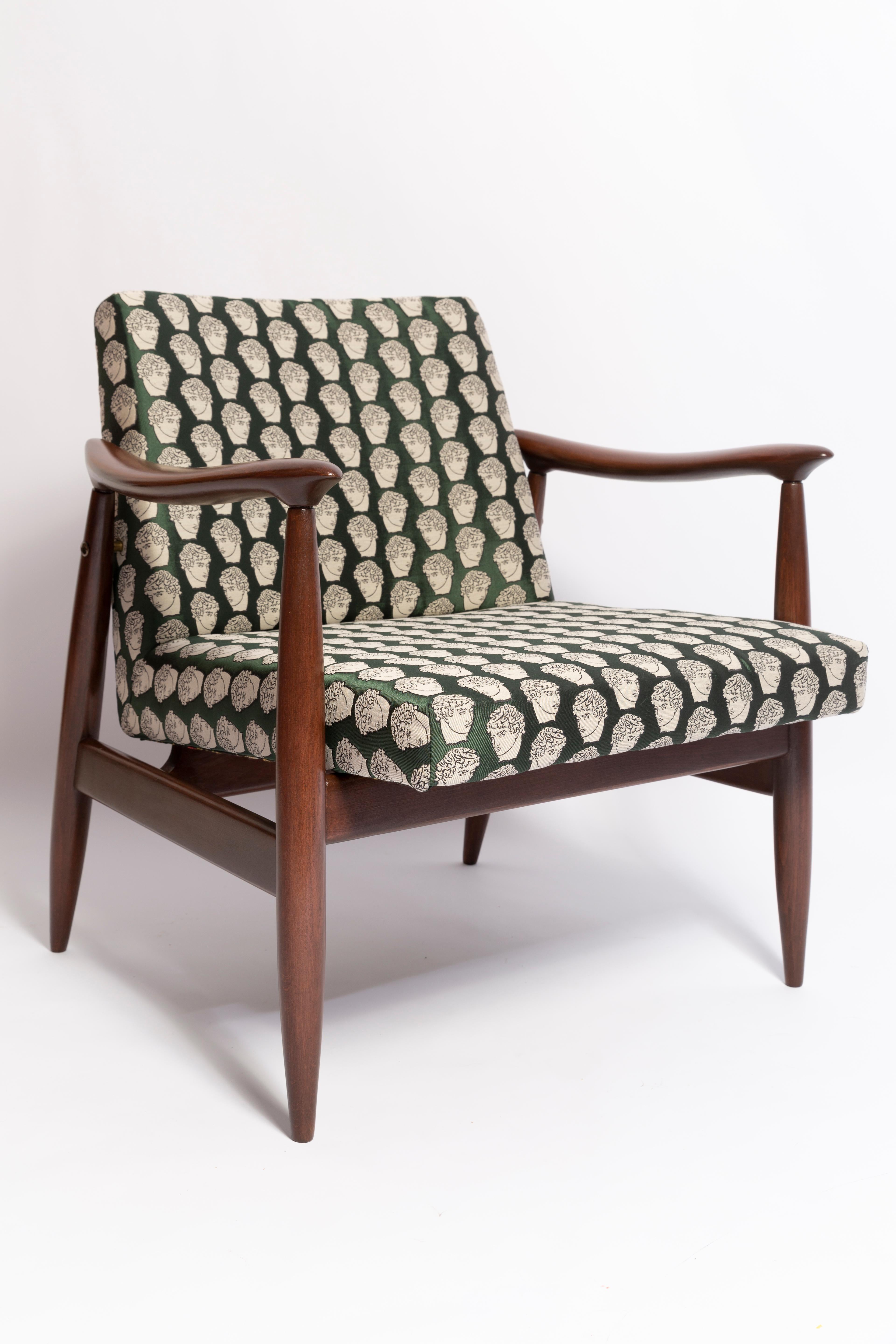 Hand-Crafted Pair of Midcentury David Print Emerald Armchairs, by Kedziorek, Europe, 1960s For Sale