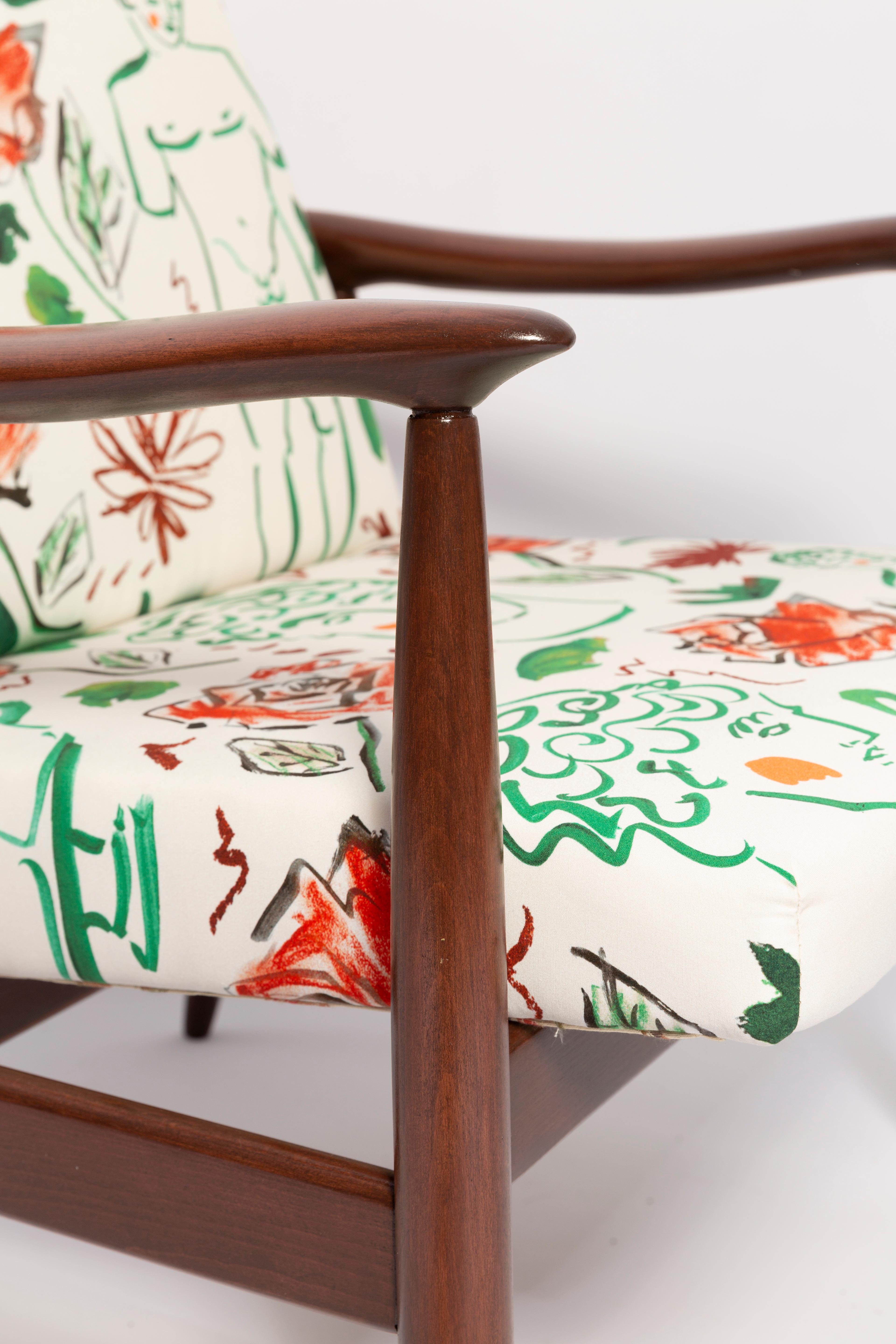 Pair of Midcentury David Print White Armchairs, by Kedziorek, Europe, 1960s For Sale 5