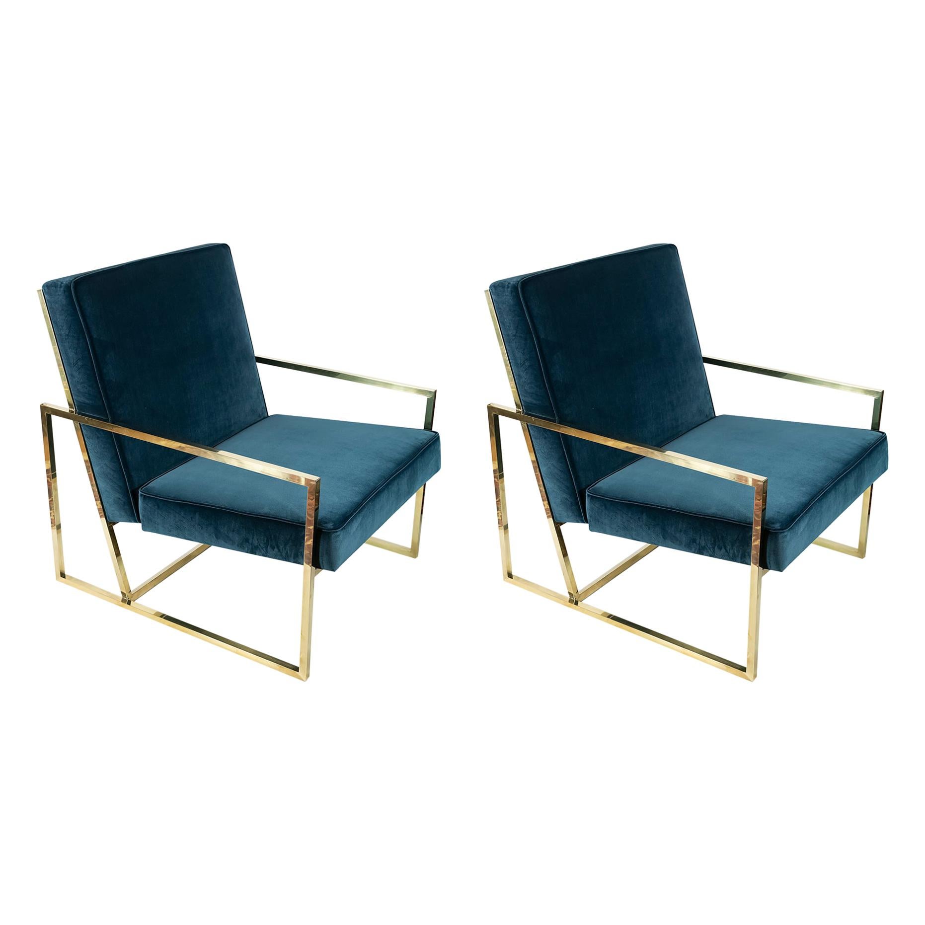 Pair of Midcentury Design Italian Brass Frame and Velour Armchairs