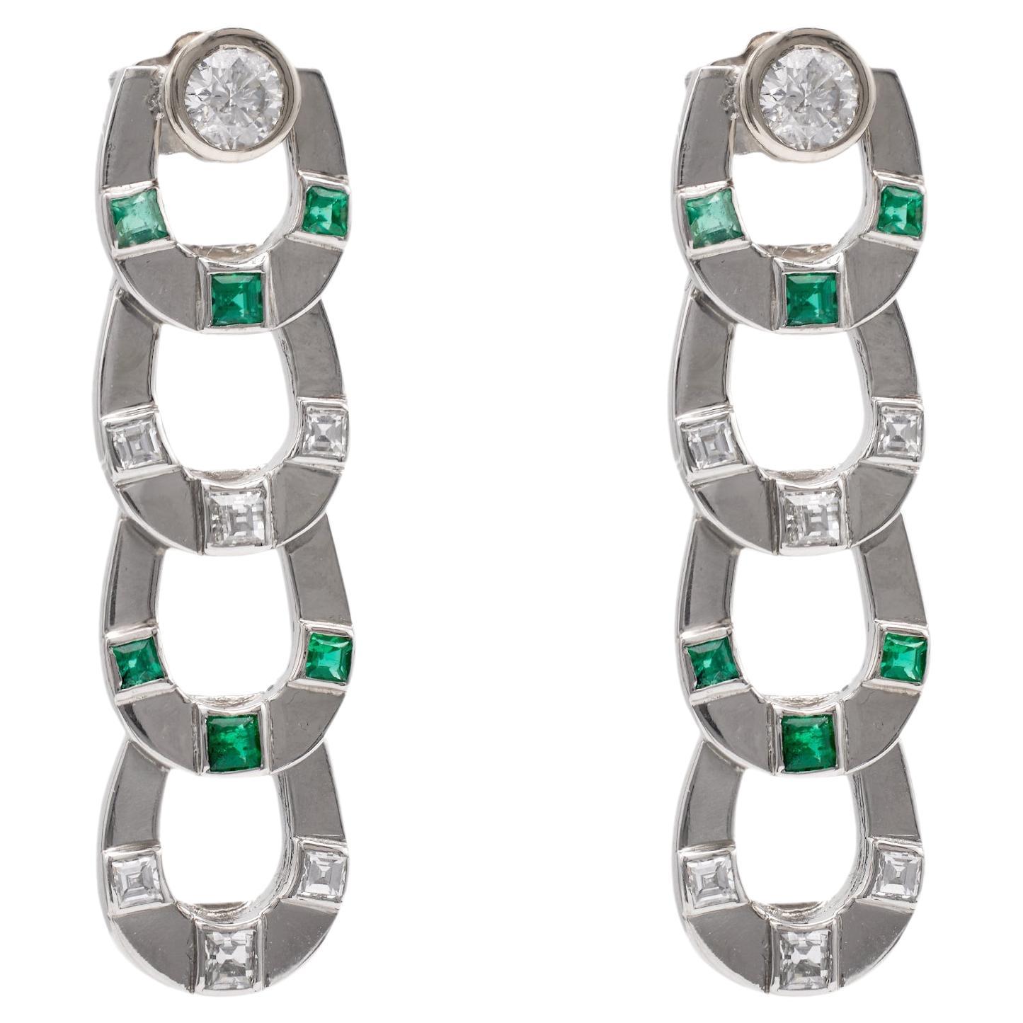 Pair of Mid-Century Diamond and Emerald Horseshoe Drop Earrings