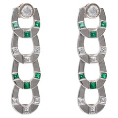 Pair of Mid-Century Diamond and Emerald Horseshoe Drop Earrings