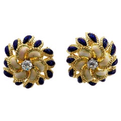 Pair of Mid Century Diamond and Enamel 18k Yellow Gold Ear Clip Earrings