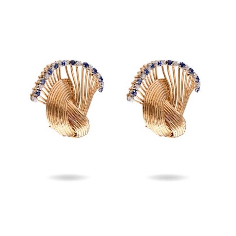 Paar Mid-Century-Diamant-Saphir-Ohrringe aus 18 Karat Gelbgold mit Diamanten im Zustand „Gut“ im Angebot in Beverly Hills, CA