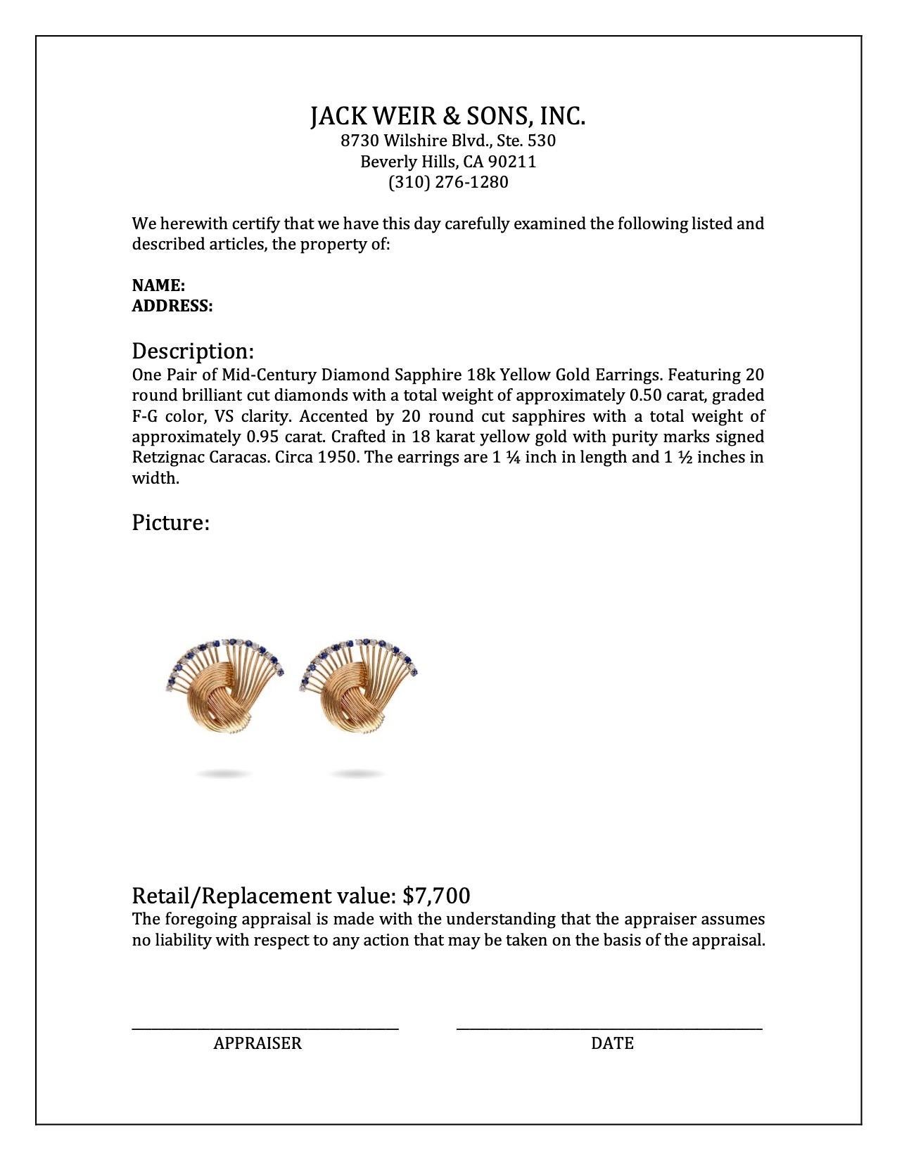 Women's or Men's Pair of Mid-Century Diamond Sapphire 18k Yellow Gold Earrings For Sale