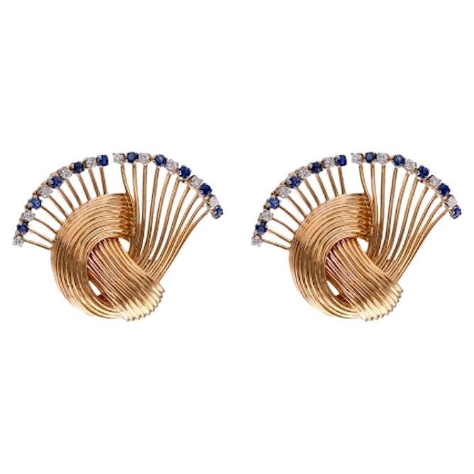 Pair of Mid-Century Diamond Sapphire 18k Yellow Gold Earrings For Sale