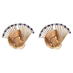 Pair of Mid-Century Diamond Sapphire 18k Yellow Gold Earrings