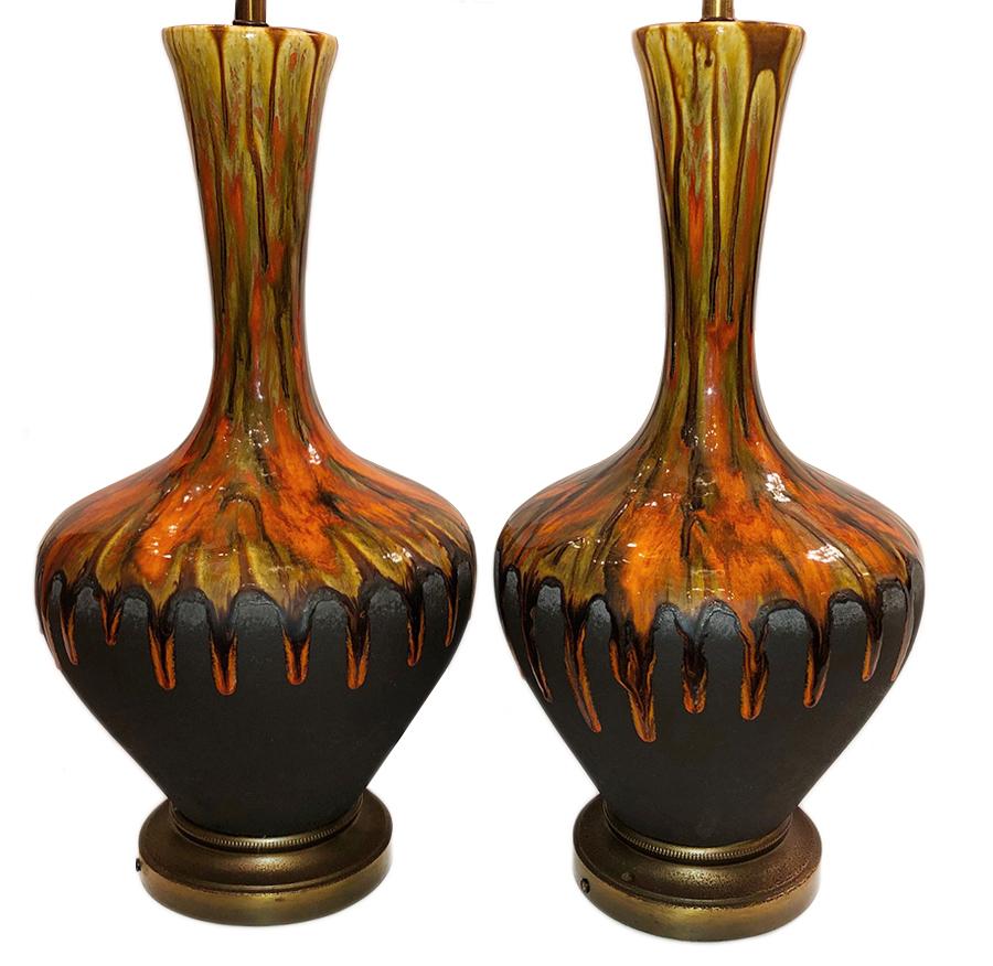 Mid-20th Century Pair of Midcentury Drip Glaze Porcelain Table Lamps For Sale