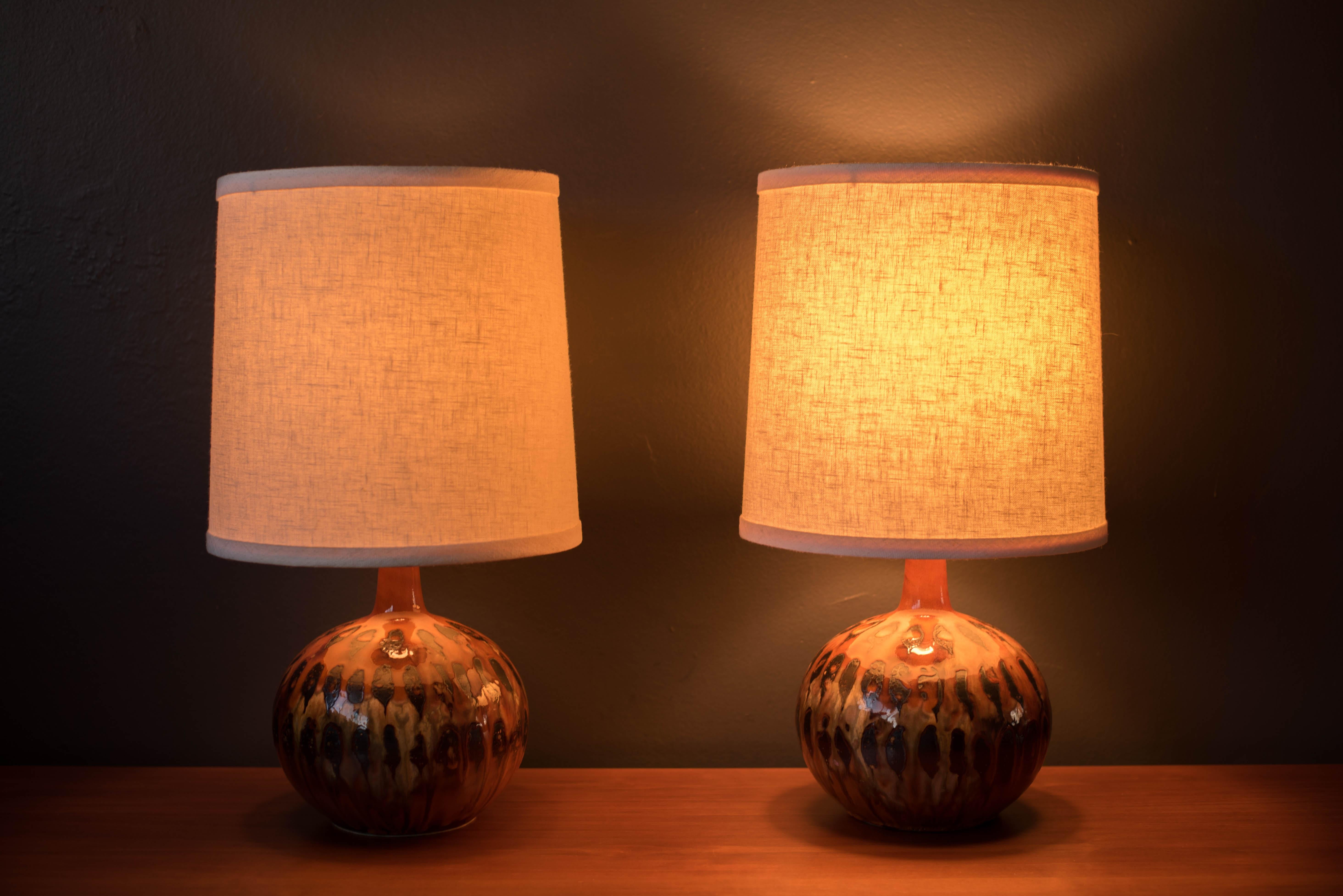 Mid-Century Modern Pair of Mid Century Drip Glazed Pottery Lamps