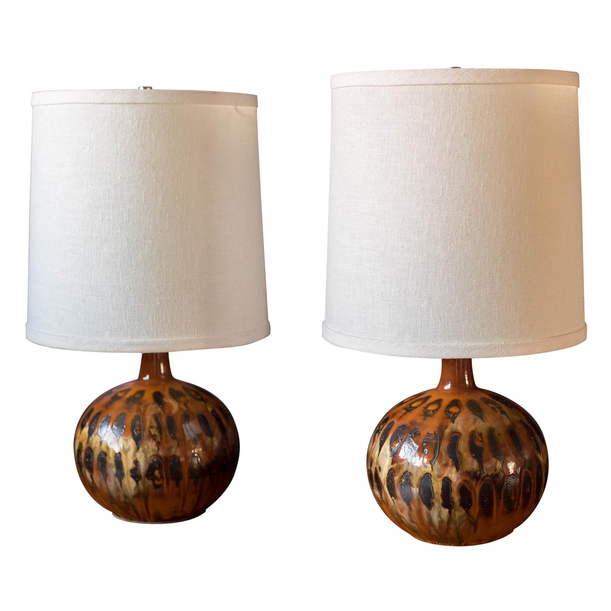 Pair of Mid Century Drip Glazed Pottery Lamps