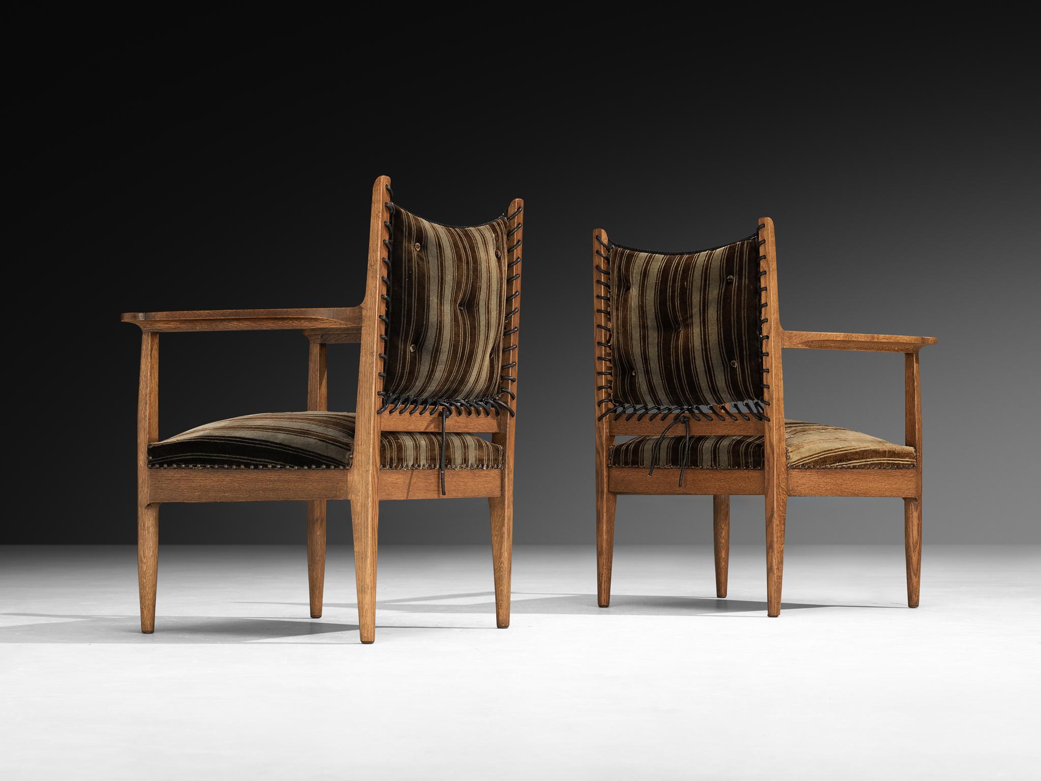 European Pair of Mid-Century Dutch Armchairs in Oak with Laced Detailing For Sale
