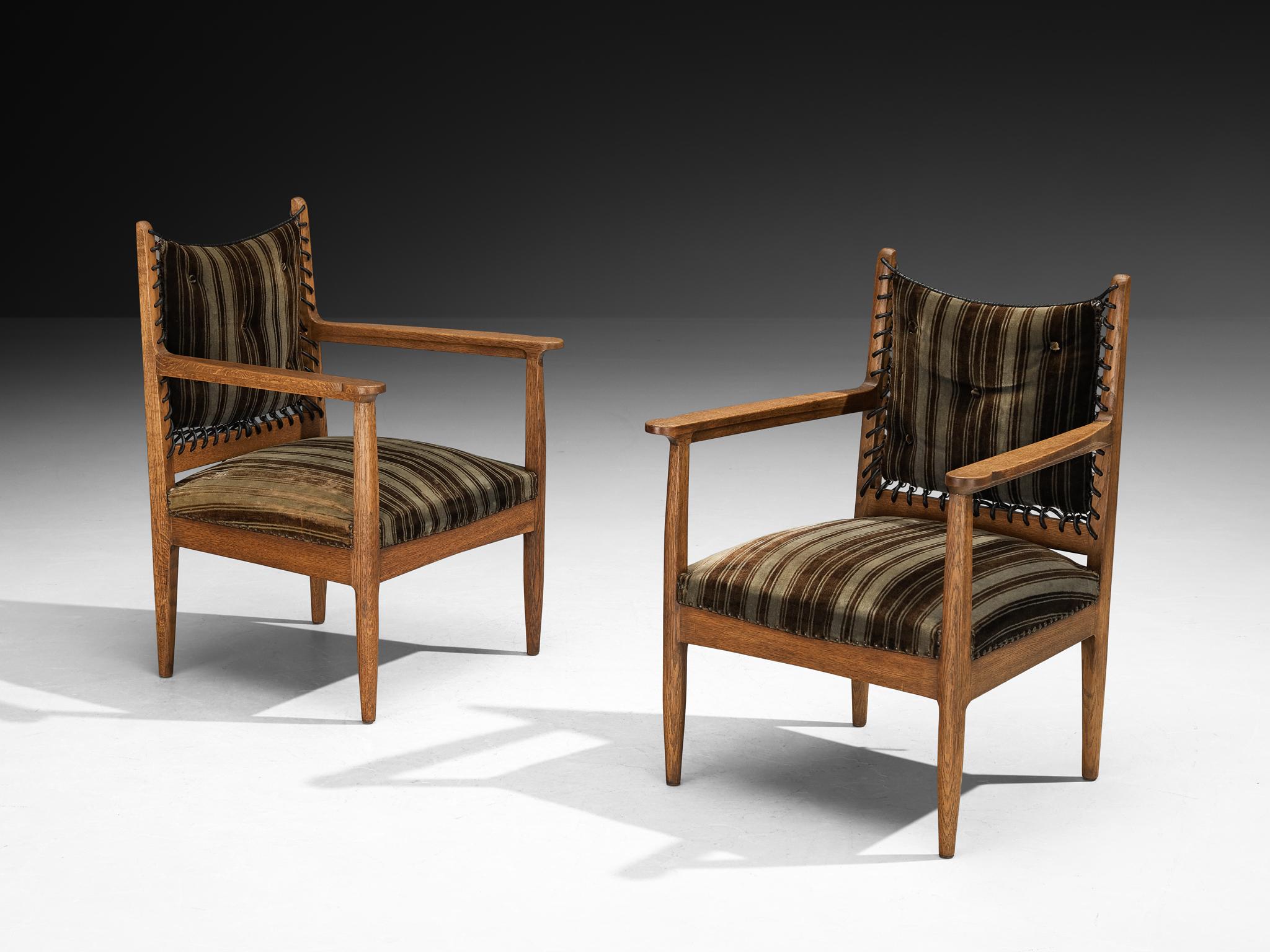 Mid-20th Century Pair of Mid-Century Dutch Armchairs in Oak with Laced Detailing For Sale