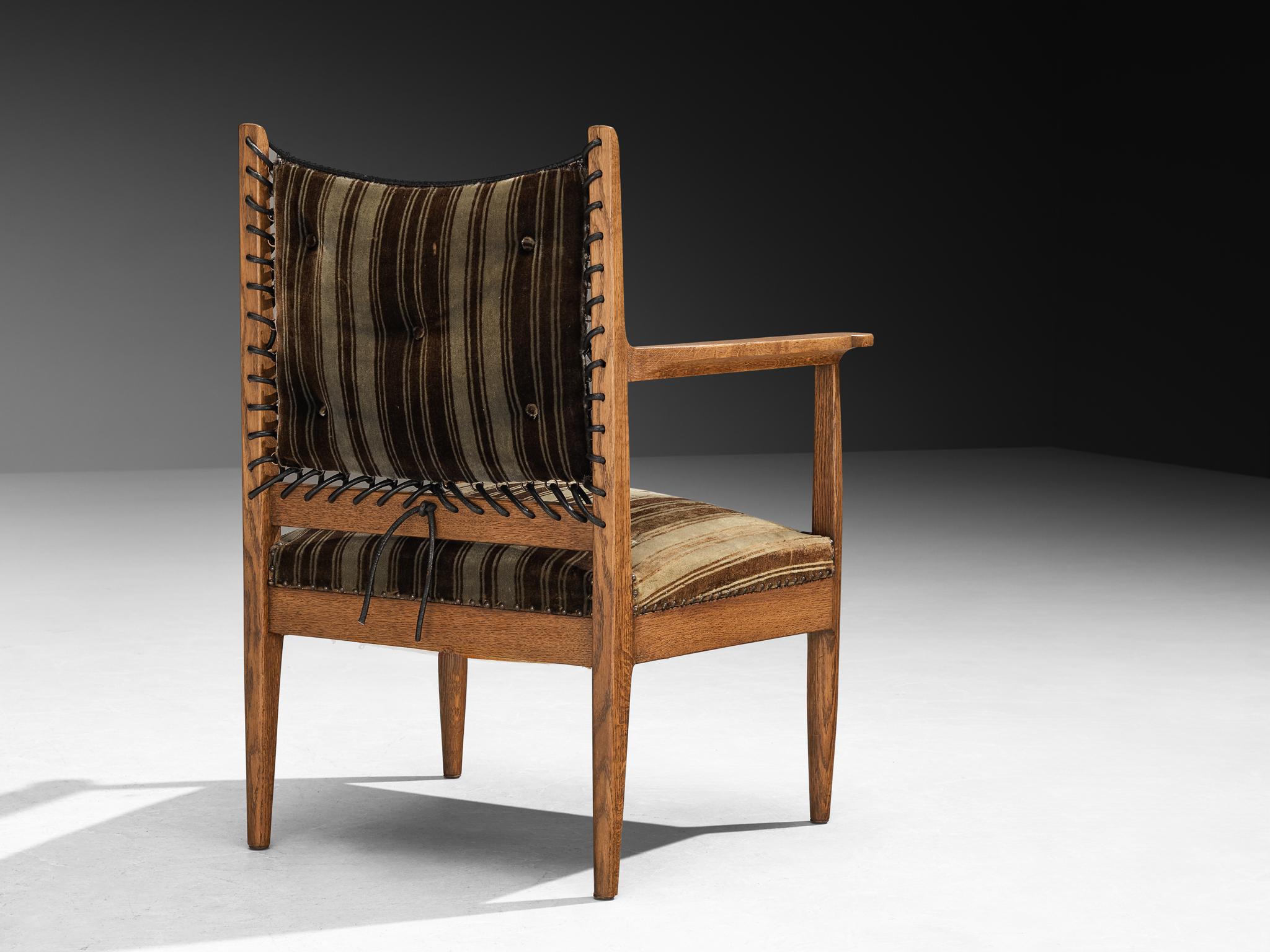 Leather Pair of Mid-Century Dutch Armchairs in Oak with Laced Detailing For Sale