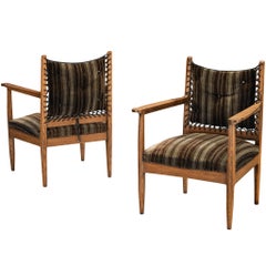 Pair of Mid-Century Dutch Armchairs in Oak with Laced Detailing