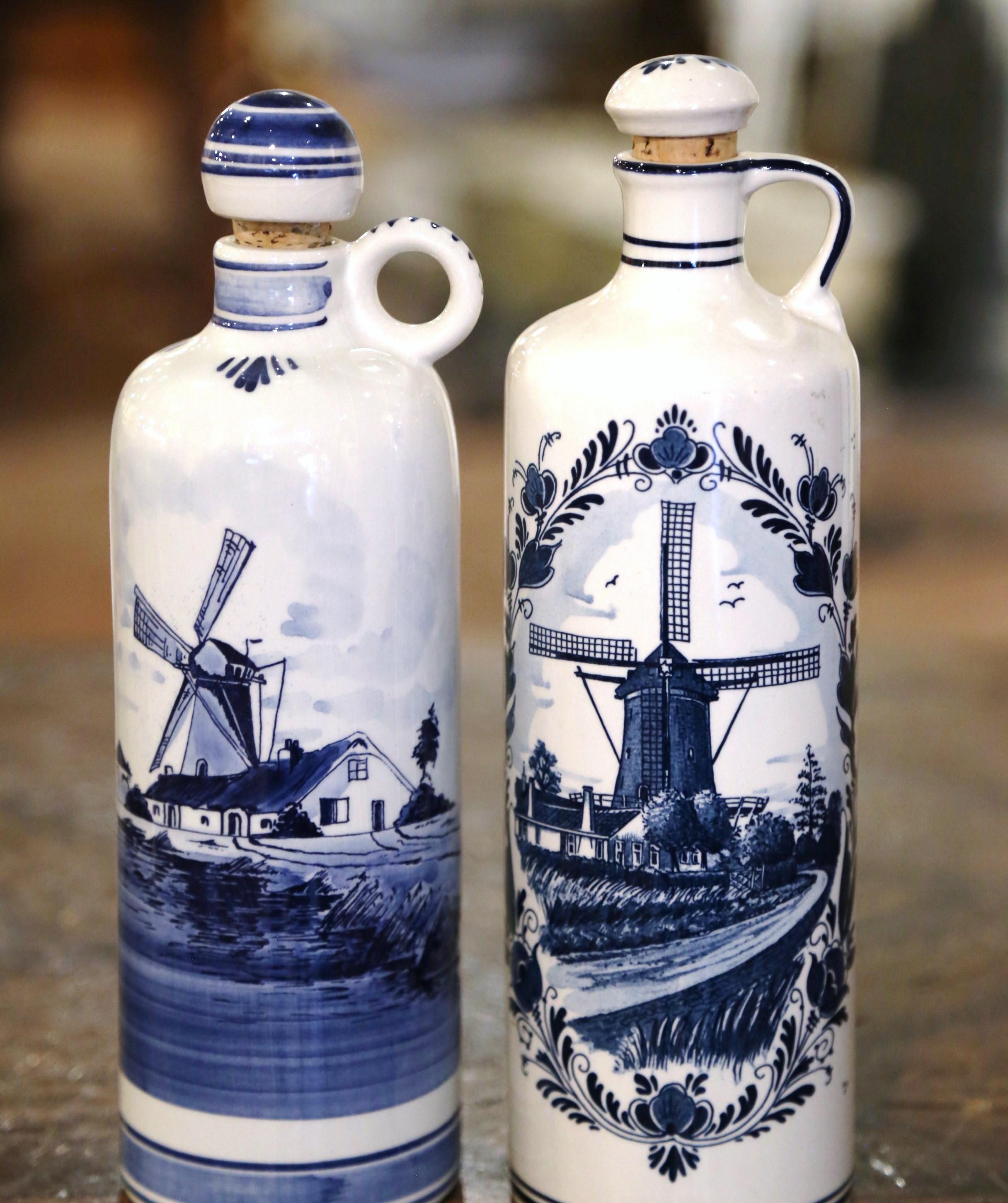 Hand-Crafted Pair of Midcentury Dutch Blue and White Painted Faience Delft Olive Oil Bottles For Sale