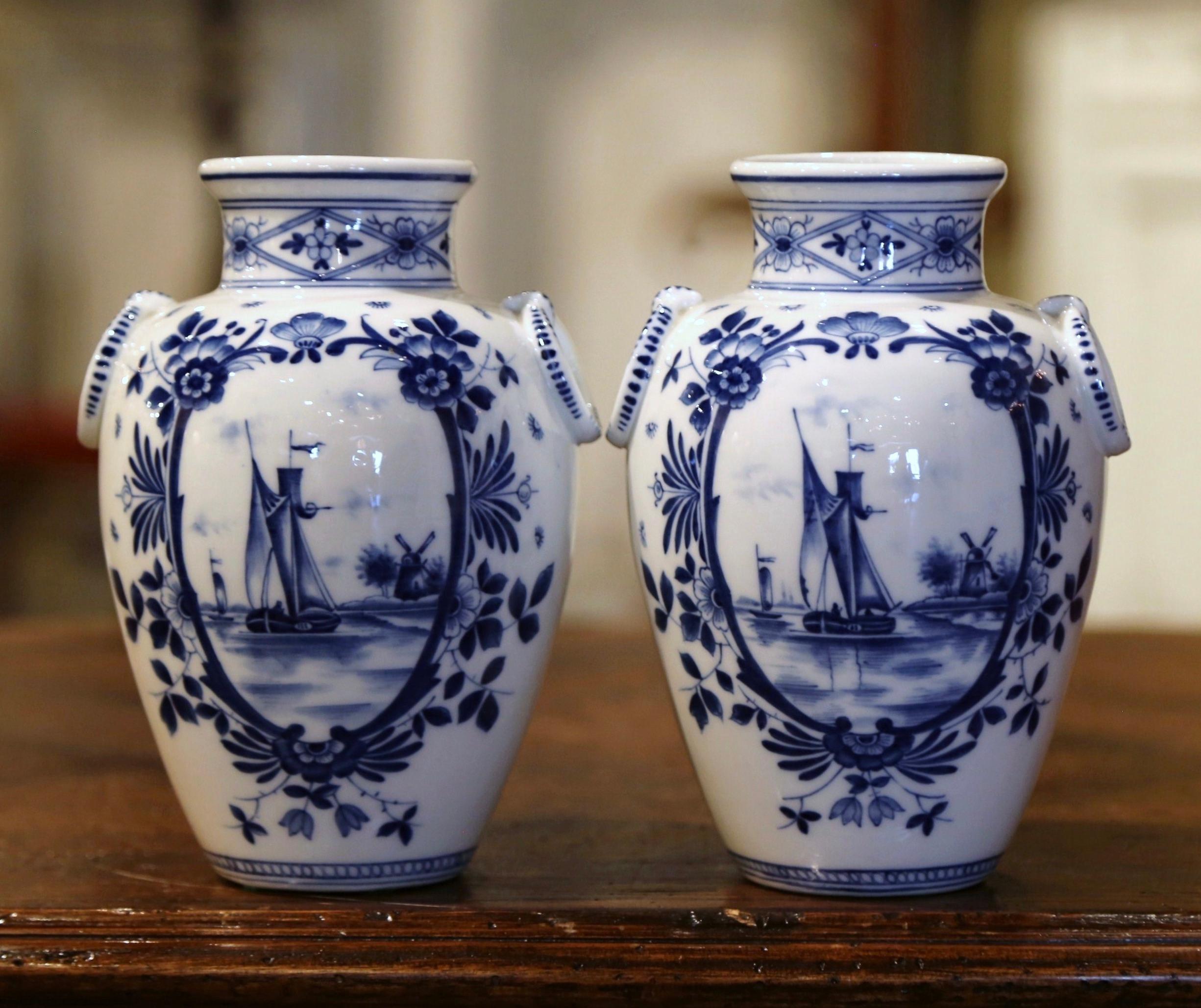 20th Century Pair of Mid-Century Dutch Blue and White Painted Faience Delft Vases