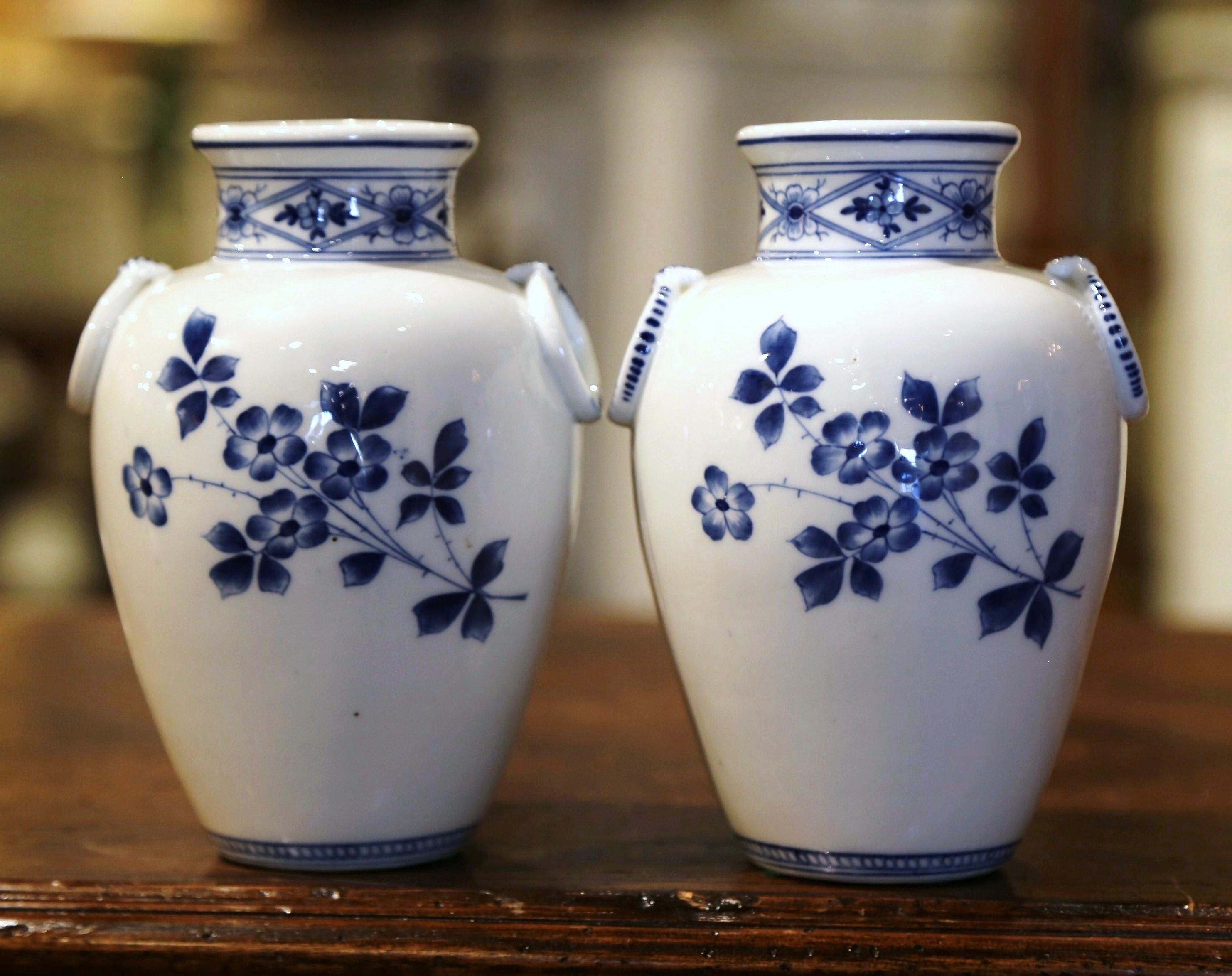 Pair of Mid-Century Dutch Blue and White Painted Faience Delft Vases 4