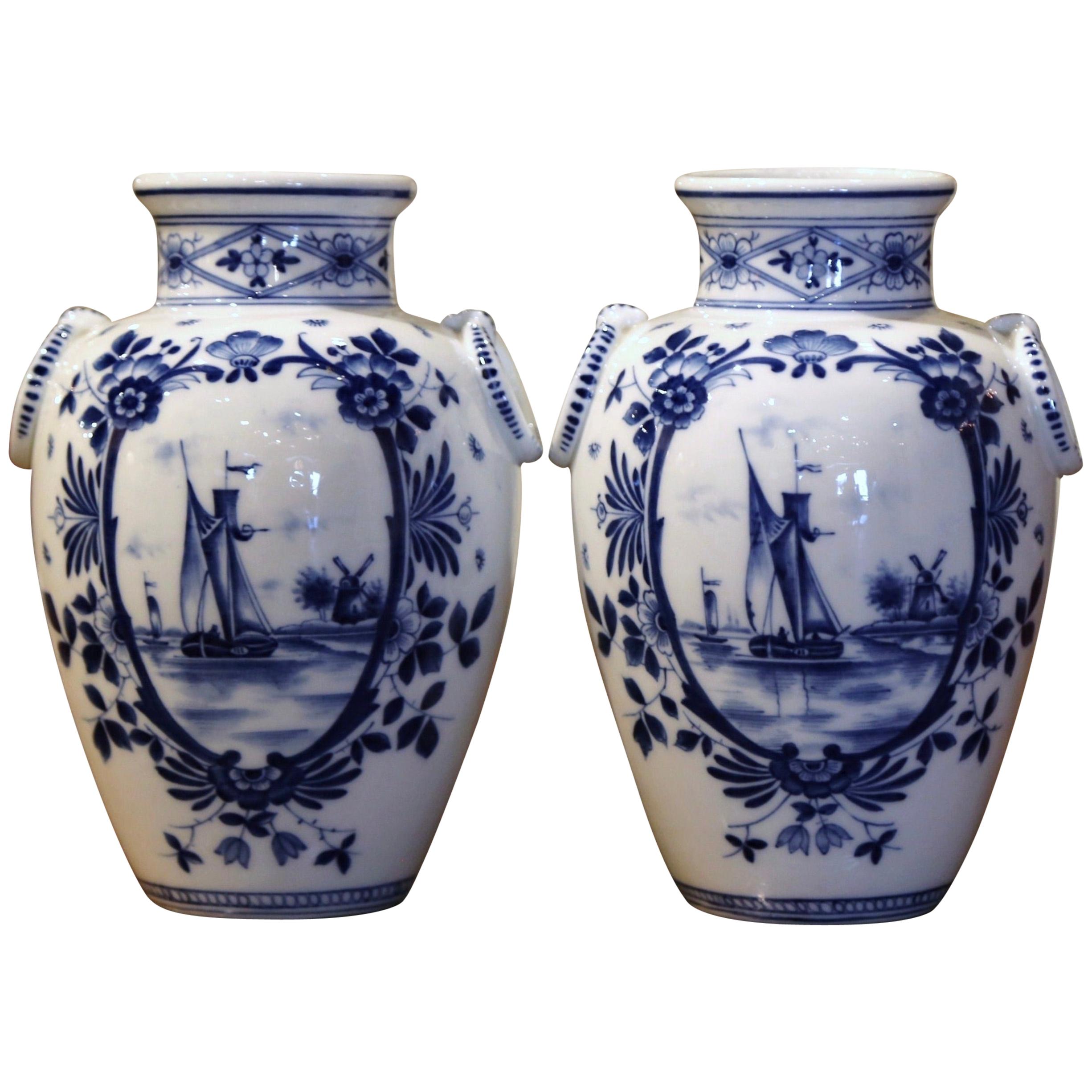 Pair of Mid-Century Dutch Blue and White Painted Faience Delft Vases