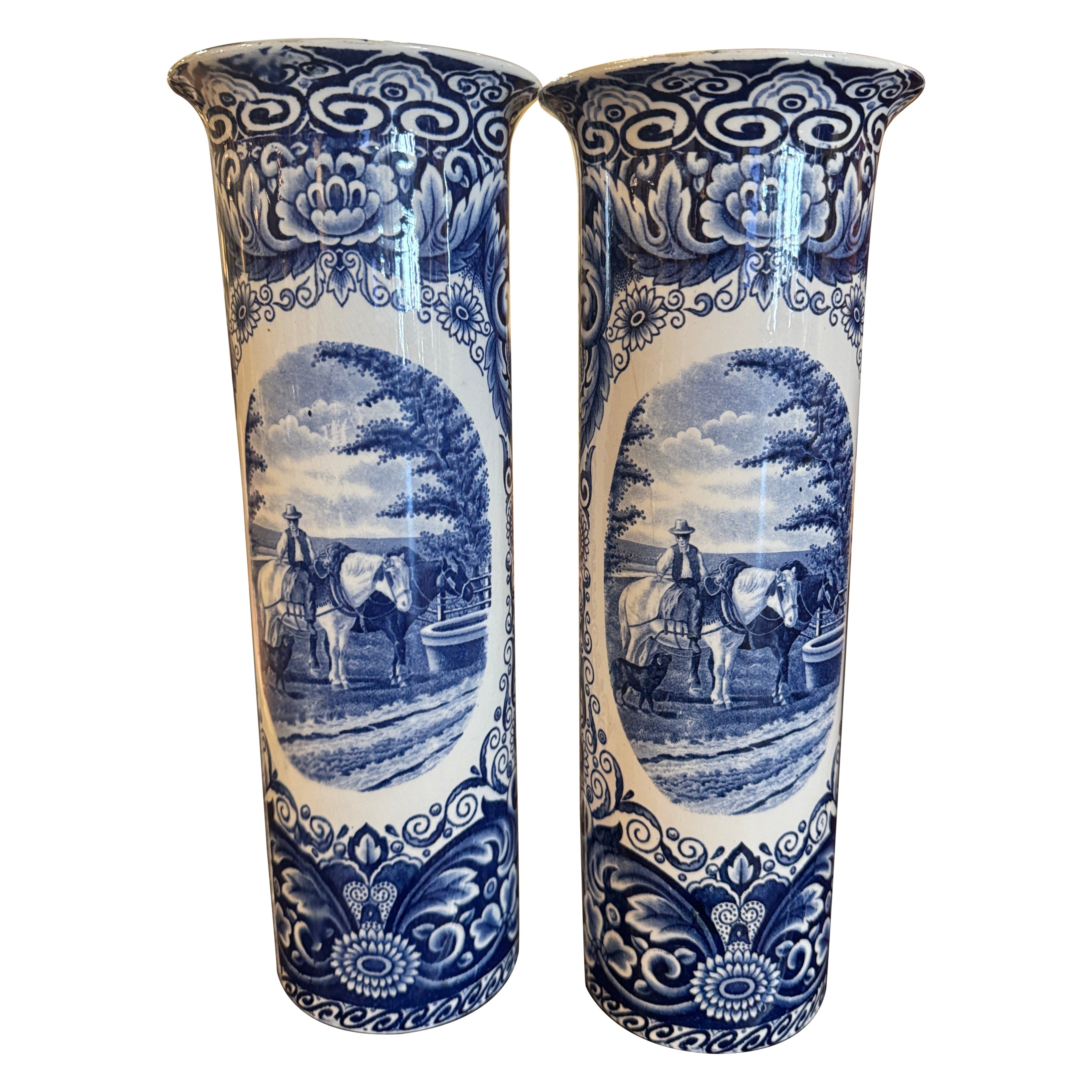Pair of Mid-Century Dutch Hand Painted Faience Delft Vases with Pastoral Scenes