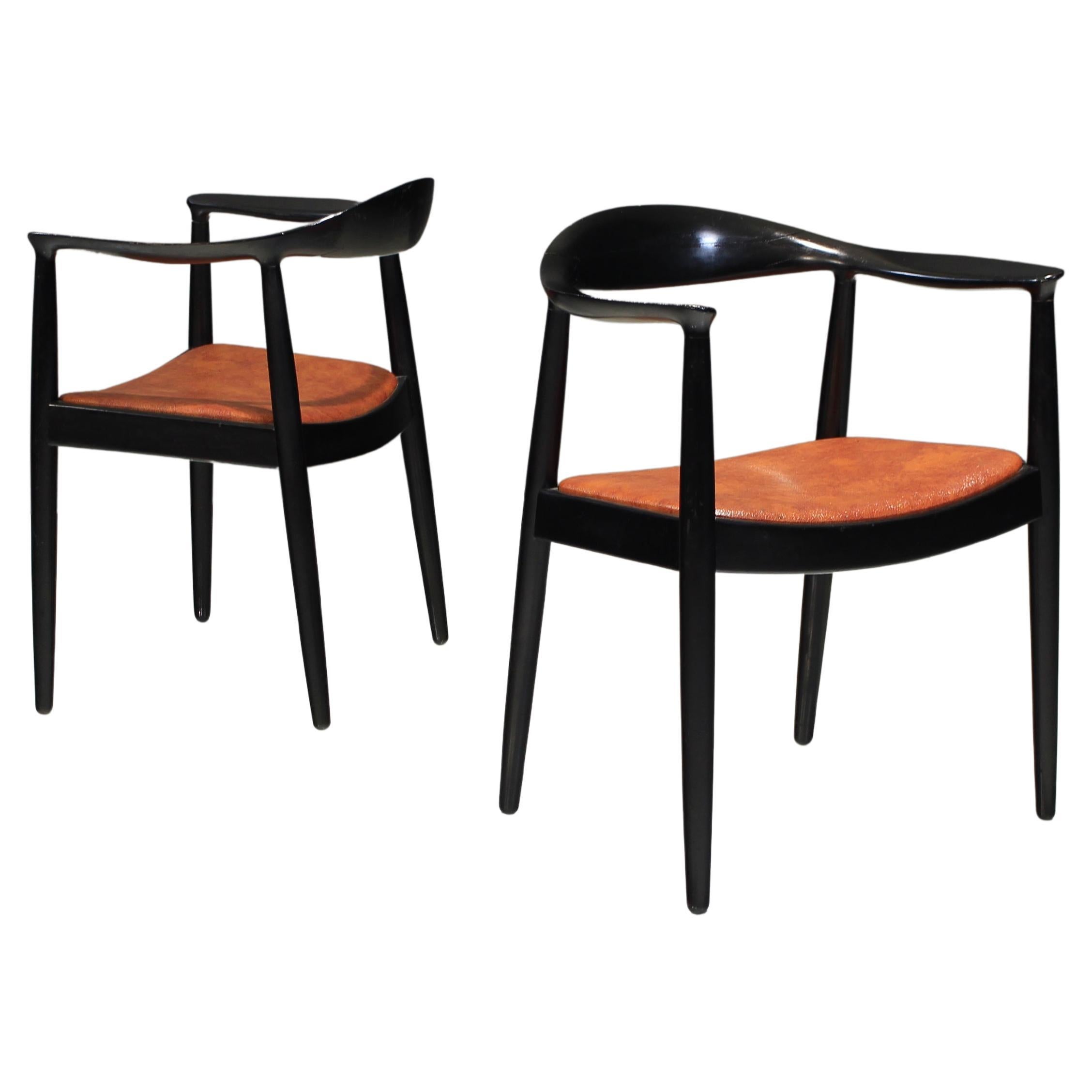 Pair of Mid-Century Ebonized Oak Round Chairs after Hans Wegner For Sale