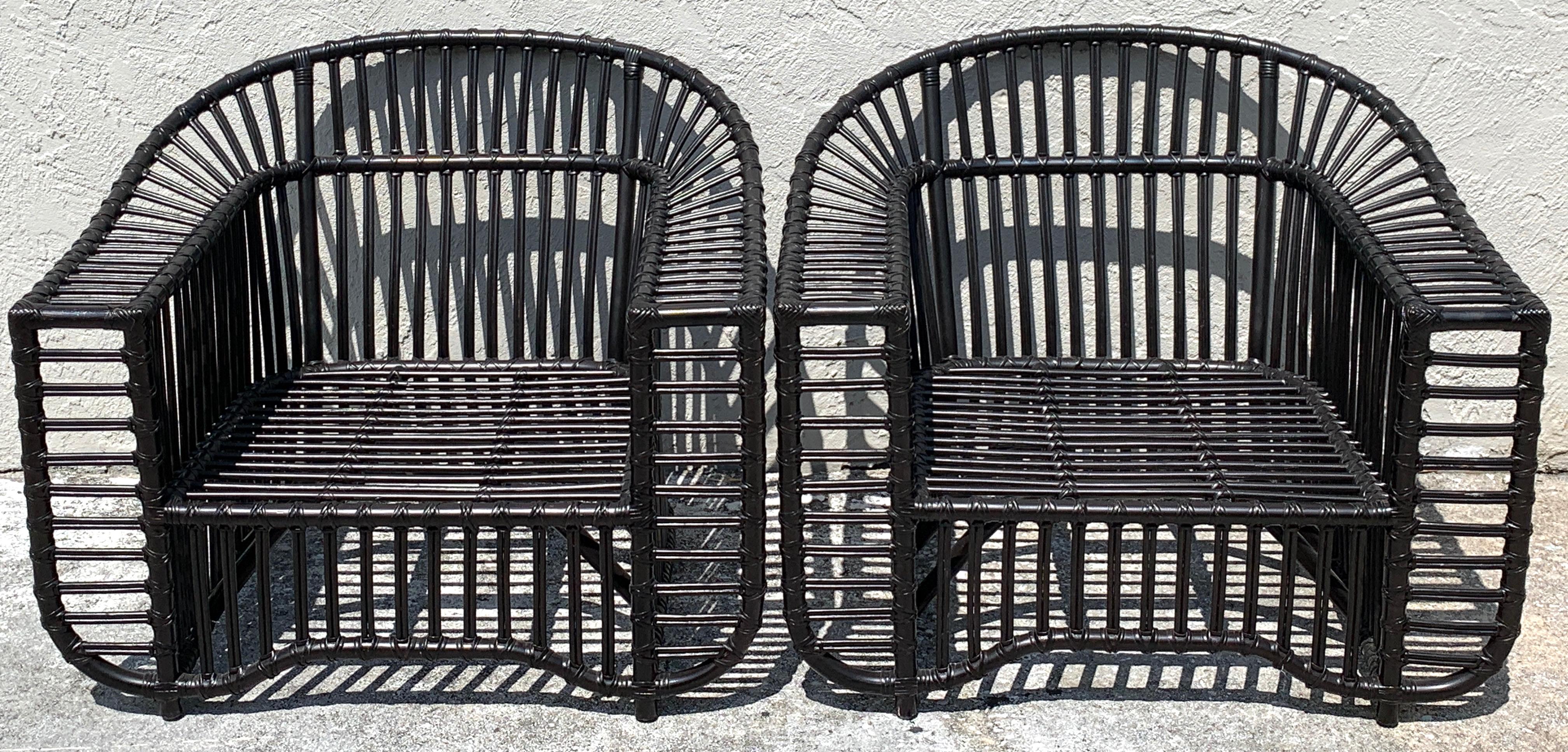 Pair of Midcentury Ebonized Rattan Club Chairs by Henry Olko, Restored 4