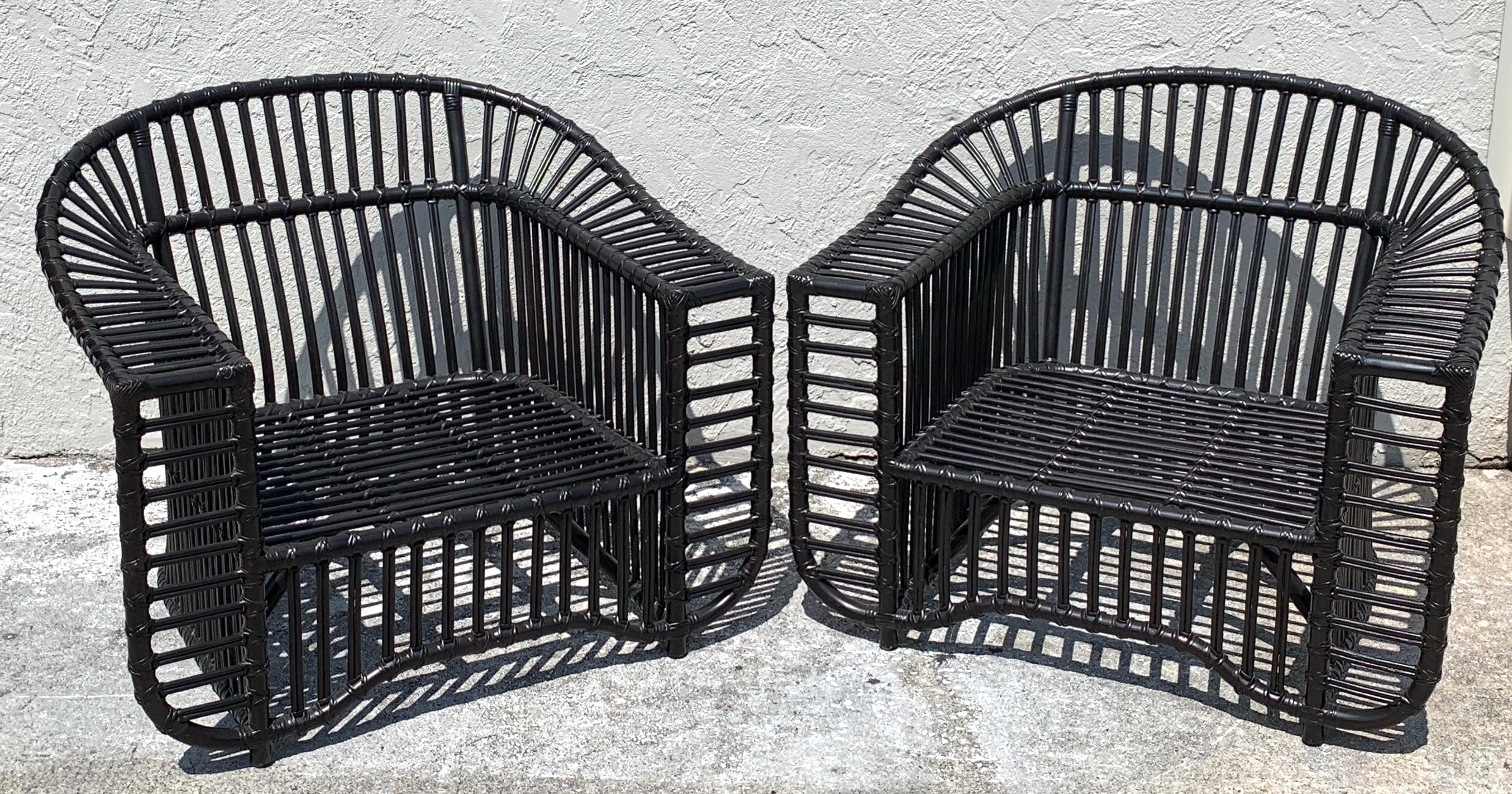 Pair of Midcentury Ebonized Rattan Club Chairs by Henry Olko, Restored 5