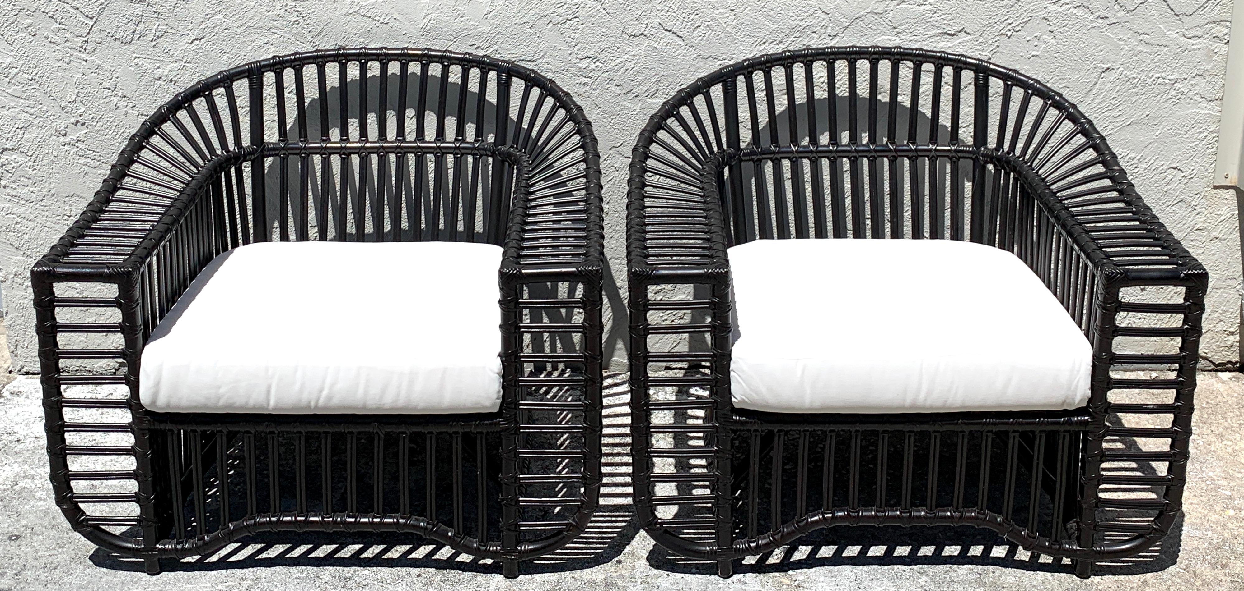 Pair of Midcentury Ebonized Rattan Club Chairs by Henry Olko, Restored 11