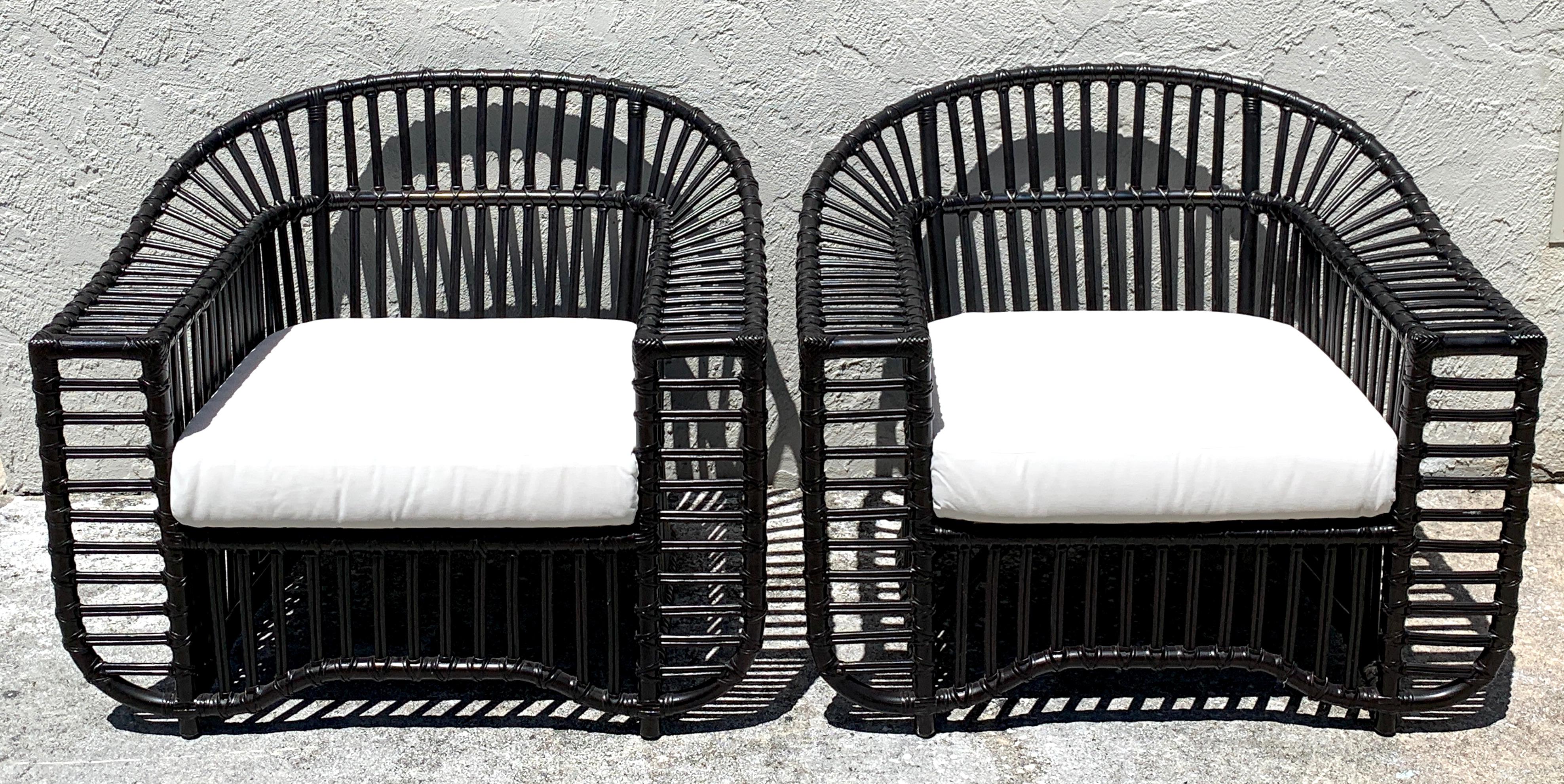 Mid-Century Modern Pair of Midcentury Ebonized Rattan Club Chairs by Henry Olko, Restored