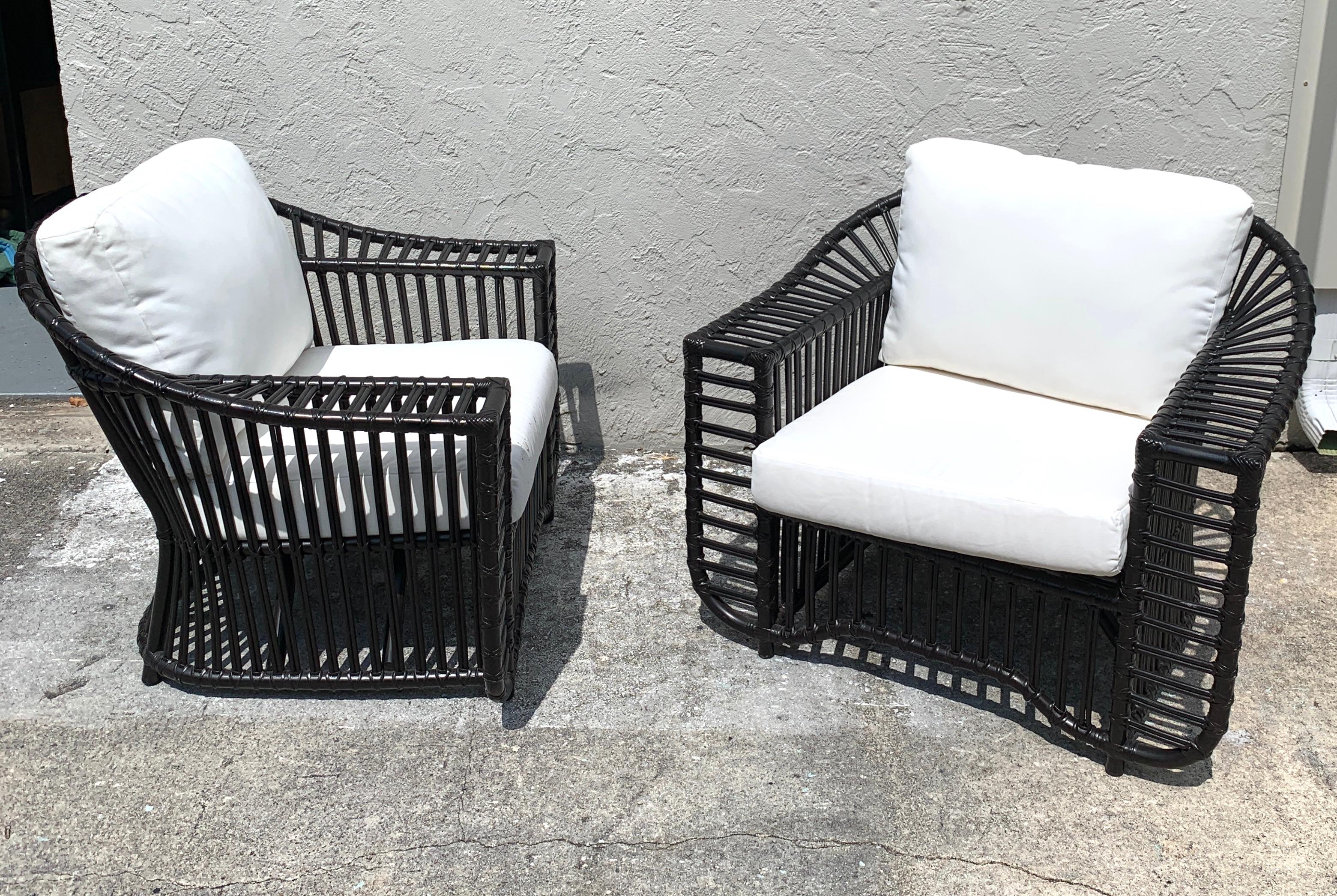 Pair of Midcentury Ebonized Rattan Club Chairs by Henry Olko, Restored In Good Condition In West Palm Beach, FL
