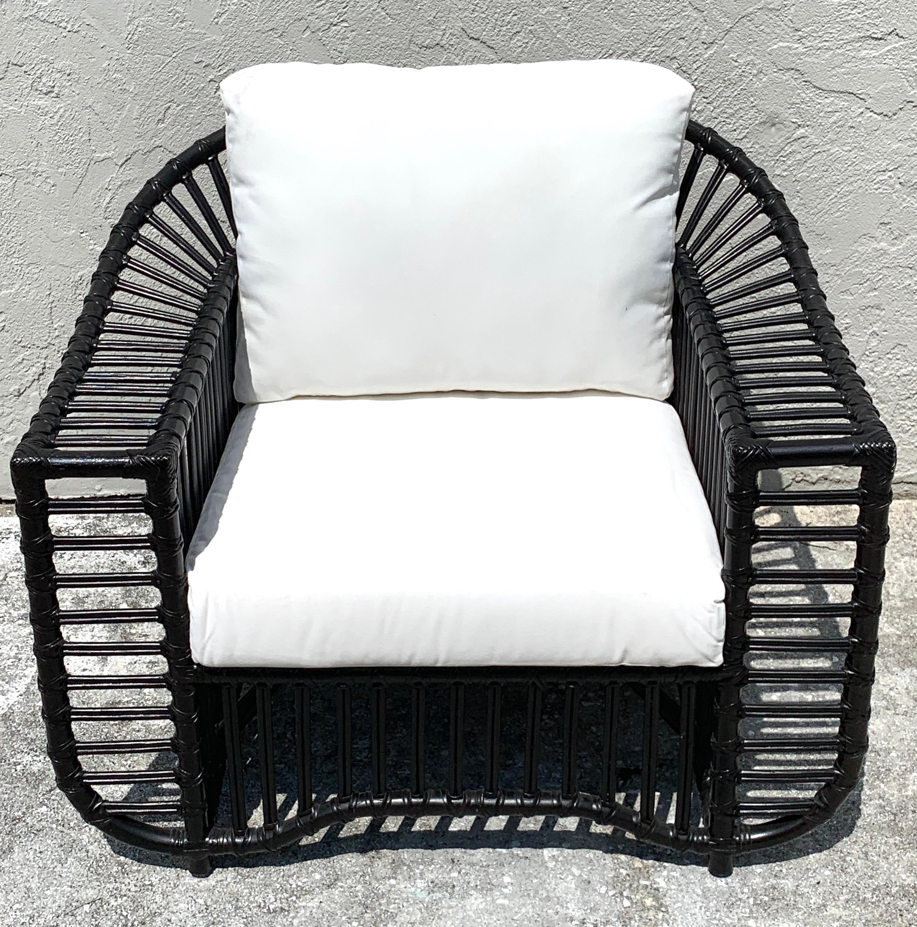 Upholstery Pair of Midcentury Ebonized Rattan Club Chairs by Henry Olko, Restored