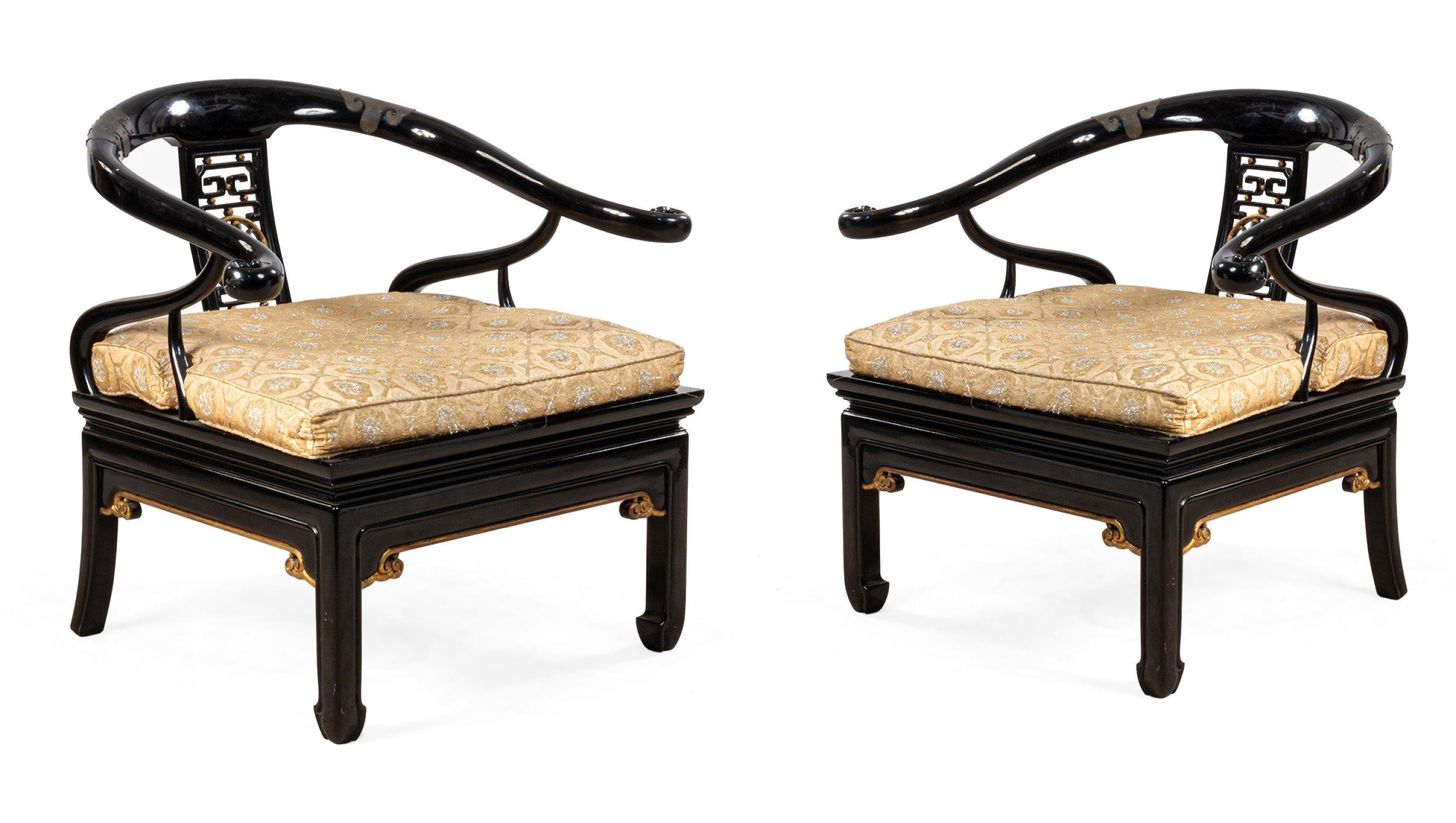 Wood Pair of Mid-Century Ebonized Regency Style Lounge Chairs For Sale