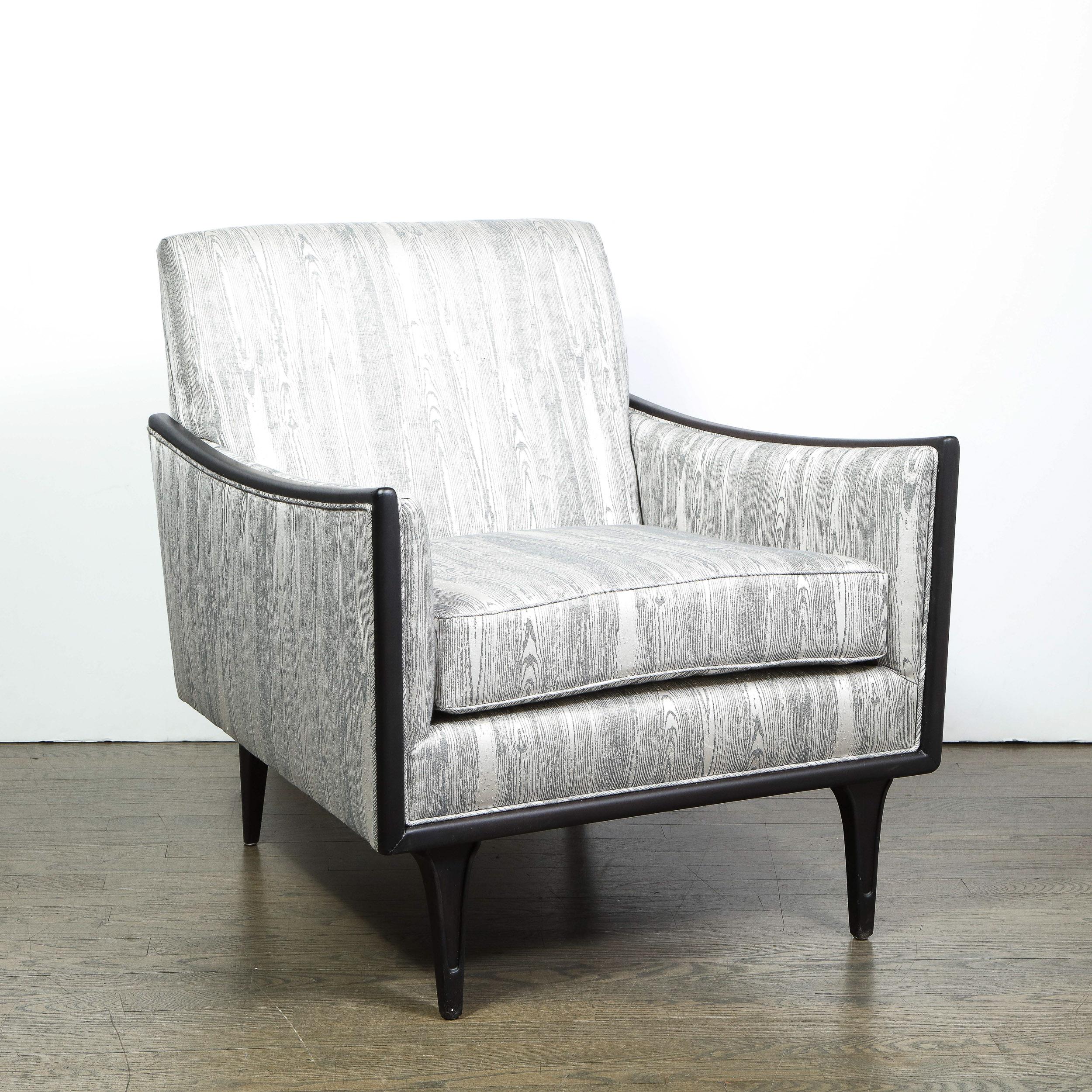 Pair of Midcentury Ebonized Walnut and Platinum Silk Blend Fabric Armchairs 6