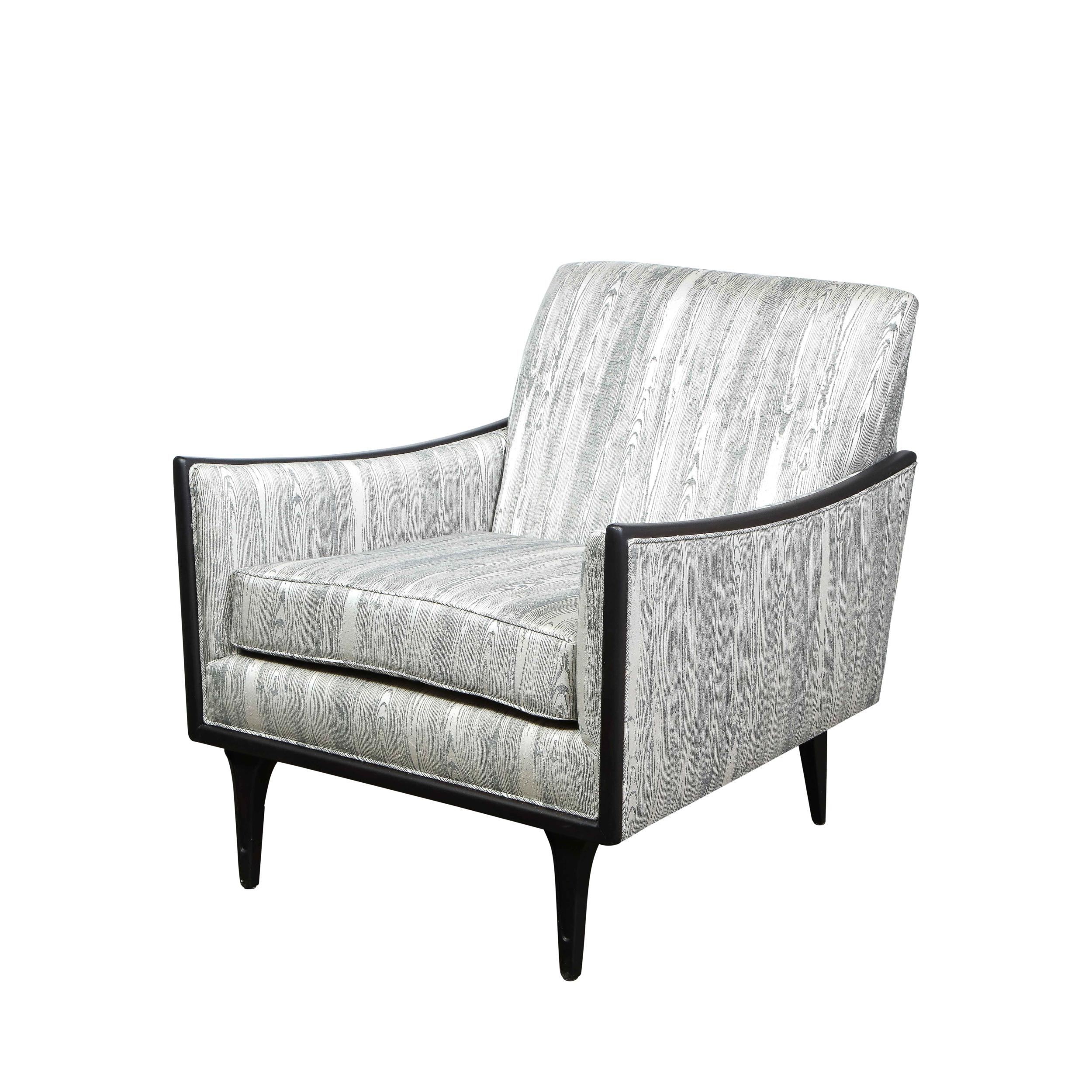 American Pair of Midcentury Ebonized Walnut and Platinum Silk Blend Fabric Armchairs