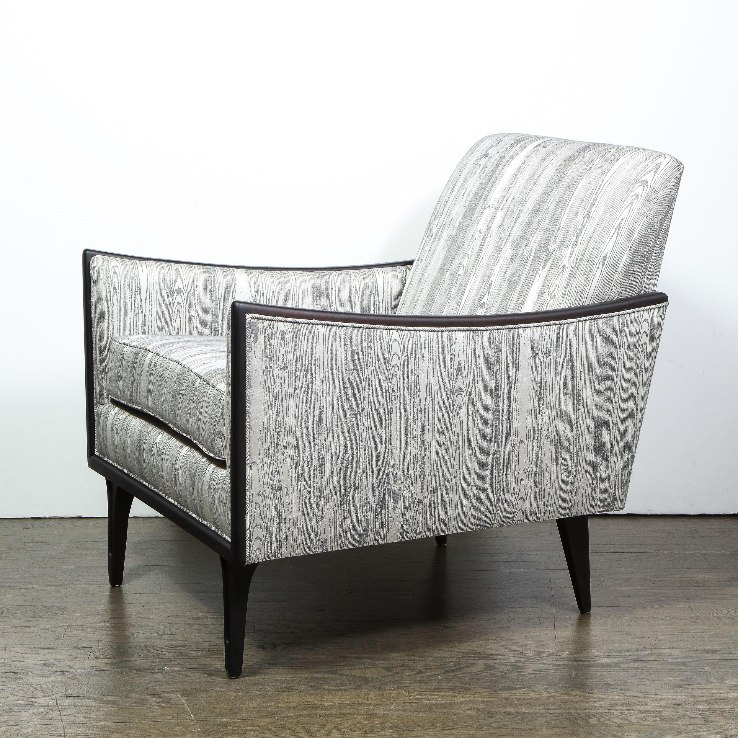 Pair of Midcentury Ebonized Walnut and Platinum Silk Blend Fabric Armchairs In Excellent Condition In New York, NY