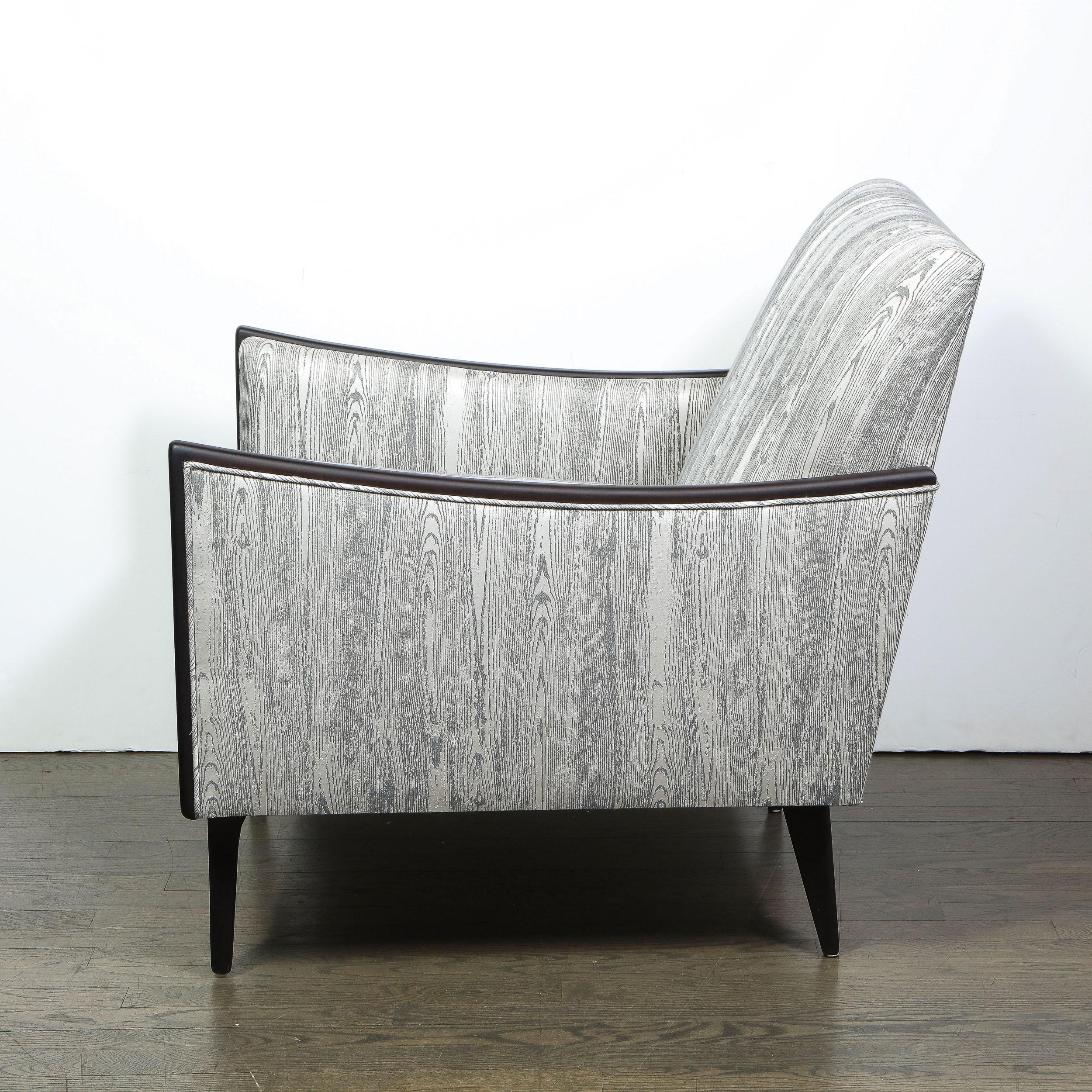 Mid-20th Century Pair of Midcentury Ebonized Walnut and Platinum Silk Blend Fabric Armchairs