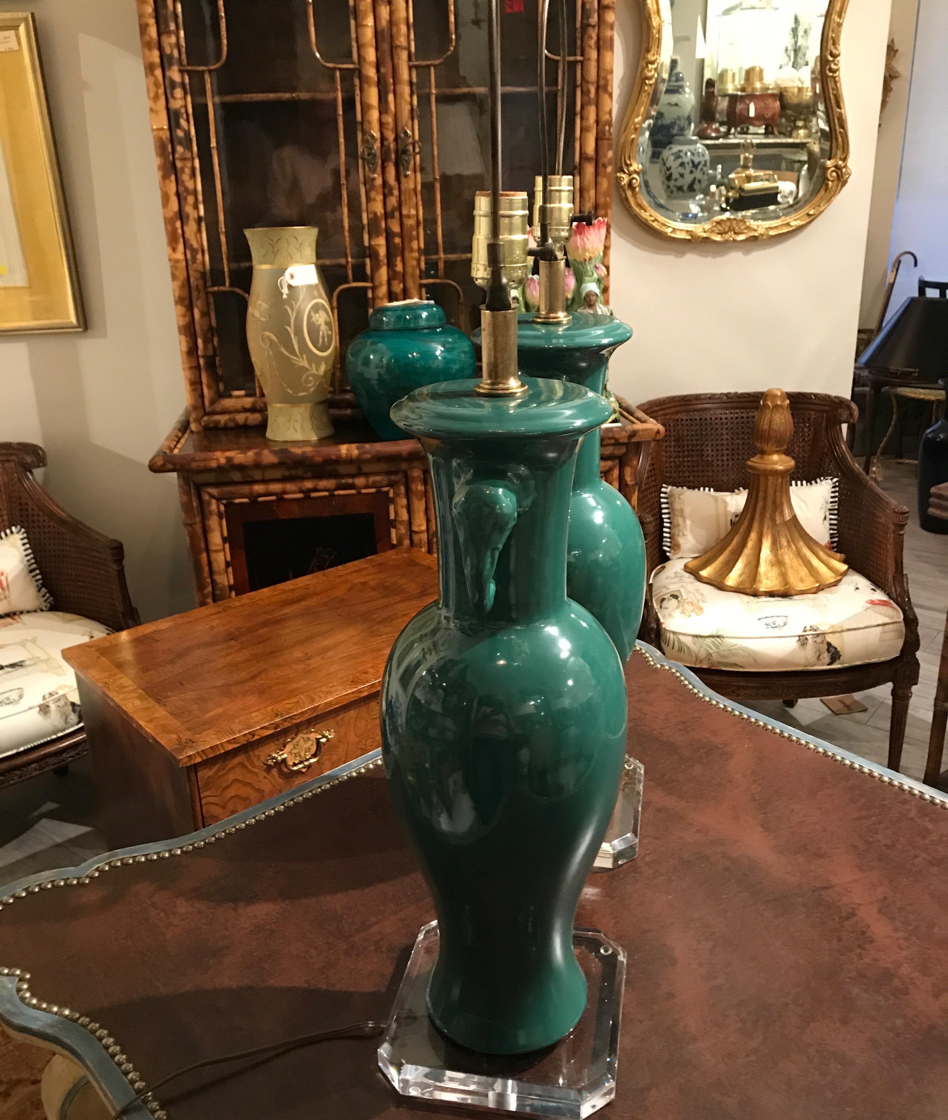 20th Century Pair of Midcentury Elephant Glazed Pottery Lamps