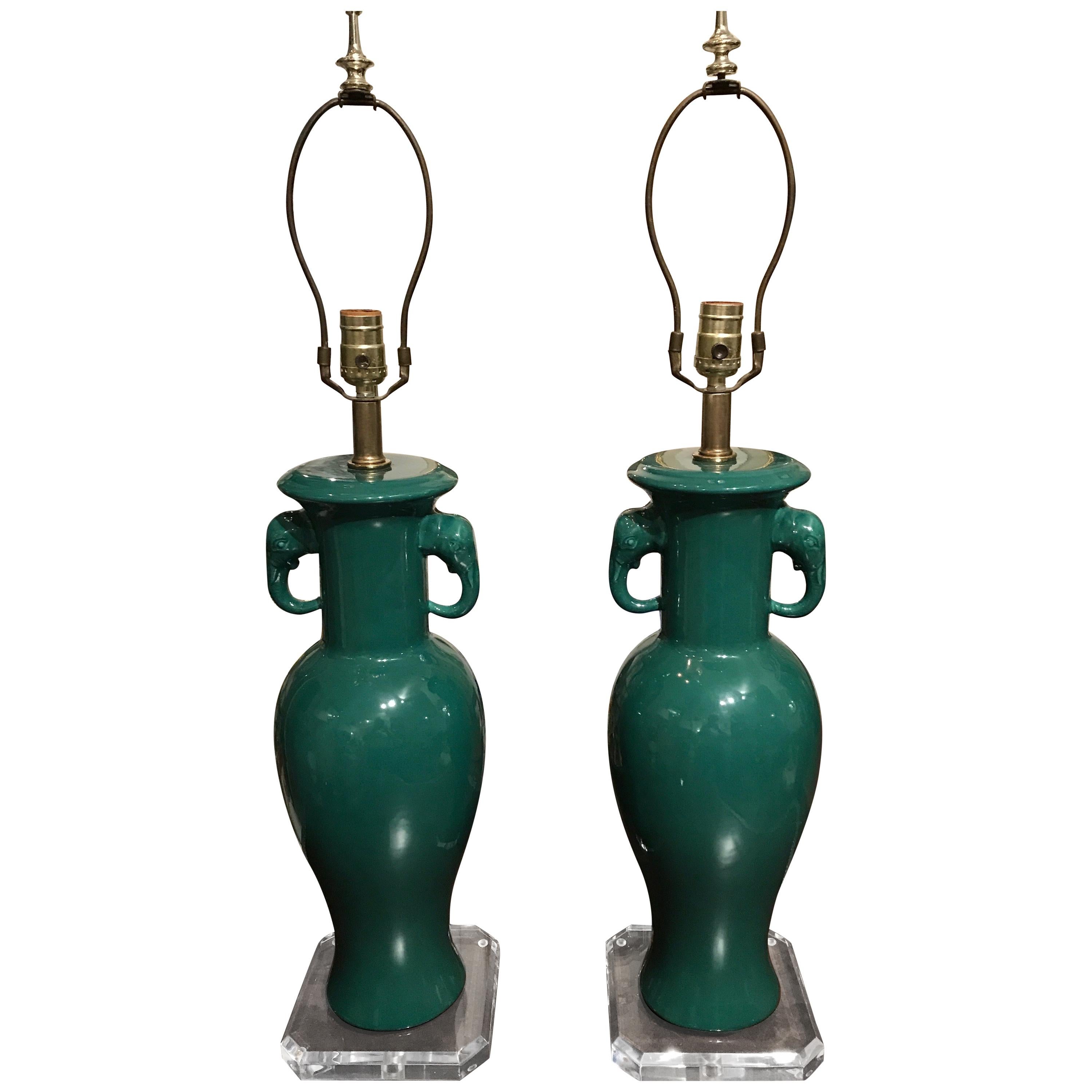 Pair of Midcentury Elephant Glazed Pottery Lamps